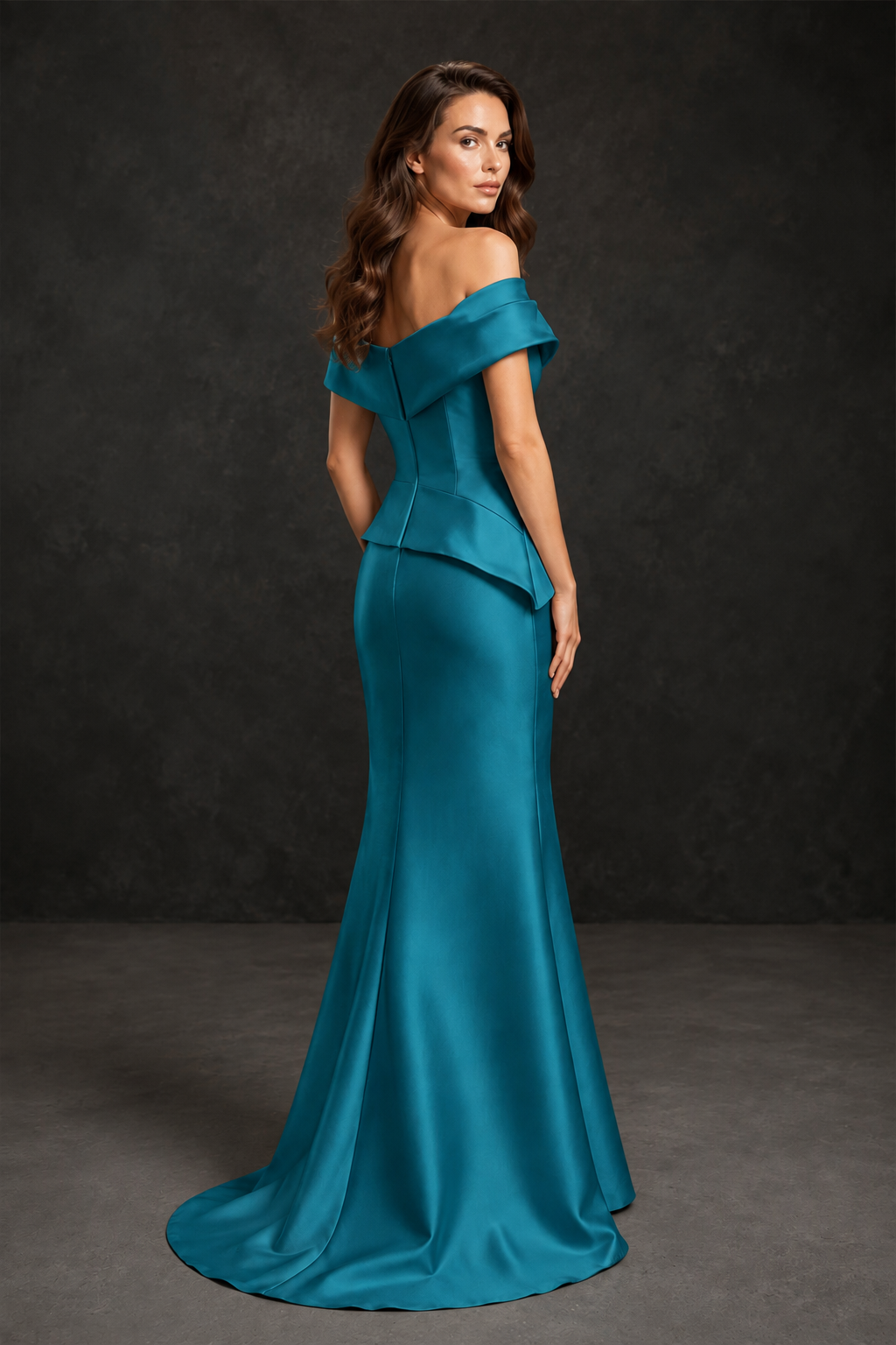BOLODOO Peacock Satin Off-Shoulder Sweetheart Asymmetric Peplum Mermaid Gown with Peacock Floral Embroidery | MOB Evening Dress - Peacock
