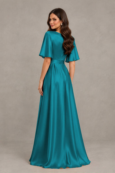 BOLODOO Peacock Satin V-Neck Flutter Sleeve Bridesmaid Dress with Slit - Peacock - Peacock(2)