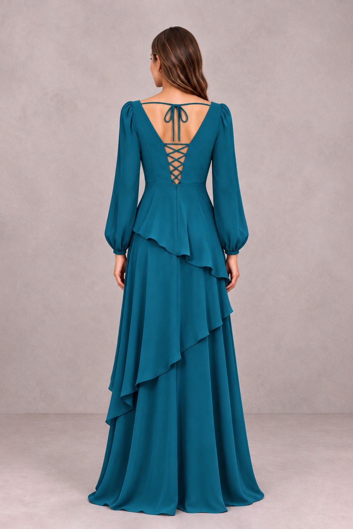 BOLODOO Peacock Long Sleeve Ruffle Bridesmaid Dresses - Peacock - Peacock_2