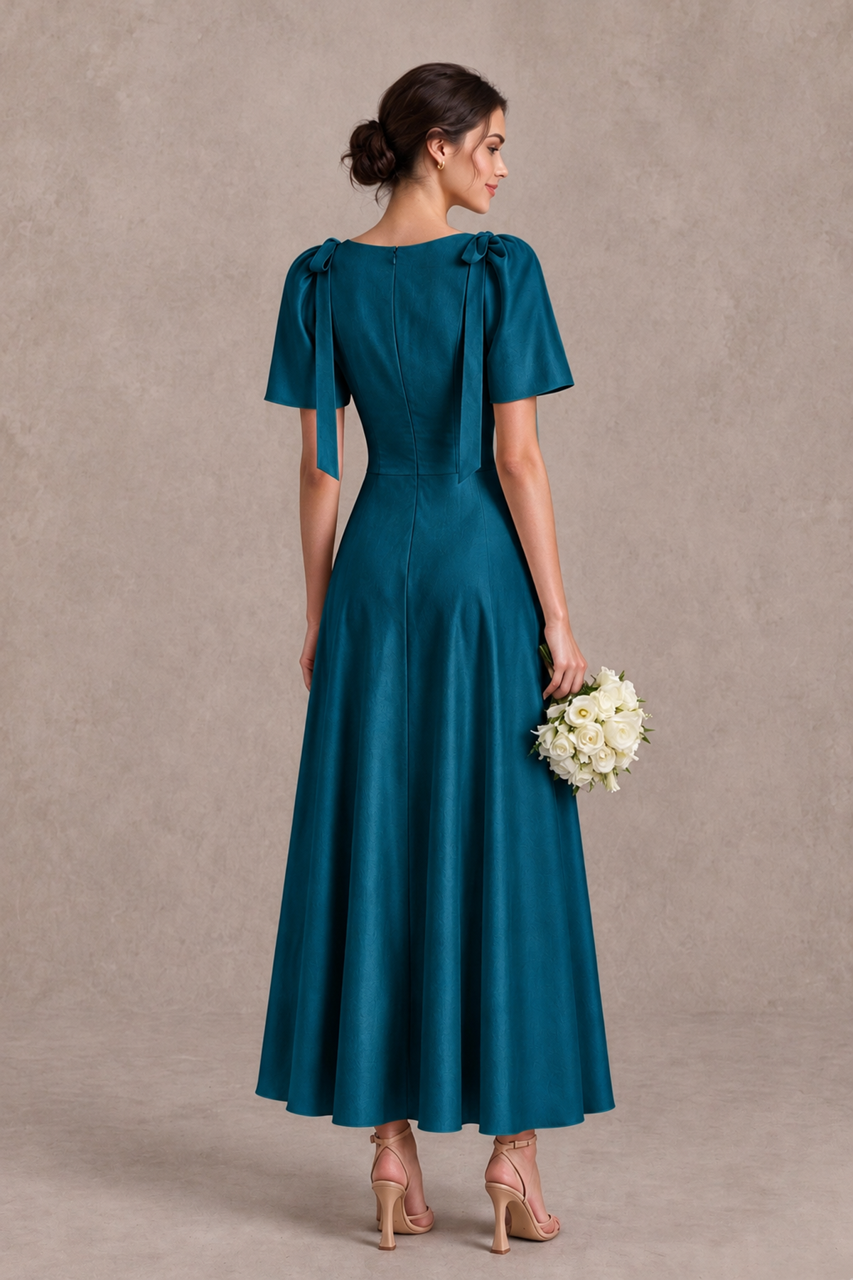 BOLODOO Peacock V-Neck Short Sleeve Satin-Look Bridesmaid Dress with Shoulder Bows - Peacock - Peacock_2