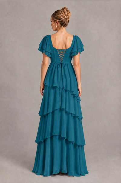 BOLODOO Peacock Square Neck Flutter Sleeve Tiered Chiffon Bridesmaid Dress with Lace-Up Back - Peacock - Peacock_2