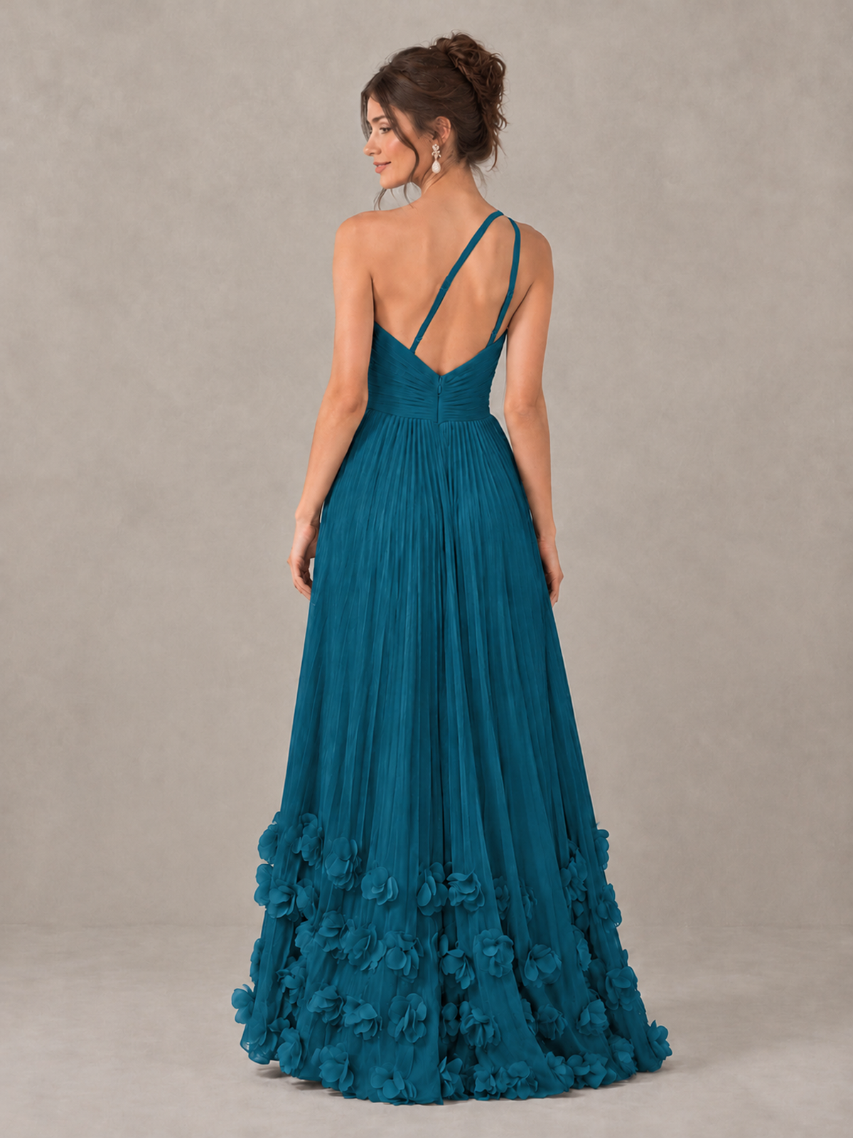 BOLODOO Peacock One-Shoulder Pleated Bridesmaid Dress with 3D Floral Hem - Peacock - Peacock_2
