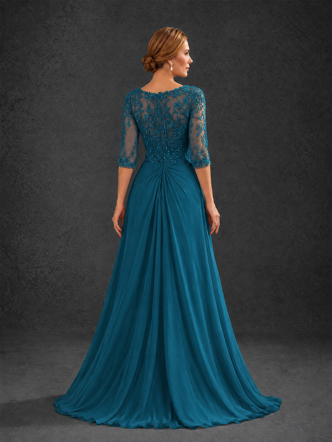 BOLODOO Peacock Sweetheart Neck 3/4 Sleeve Floral Lace Illusion Bodice Chiffon A-Line Gown - Peacock