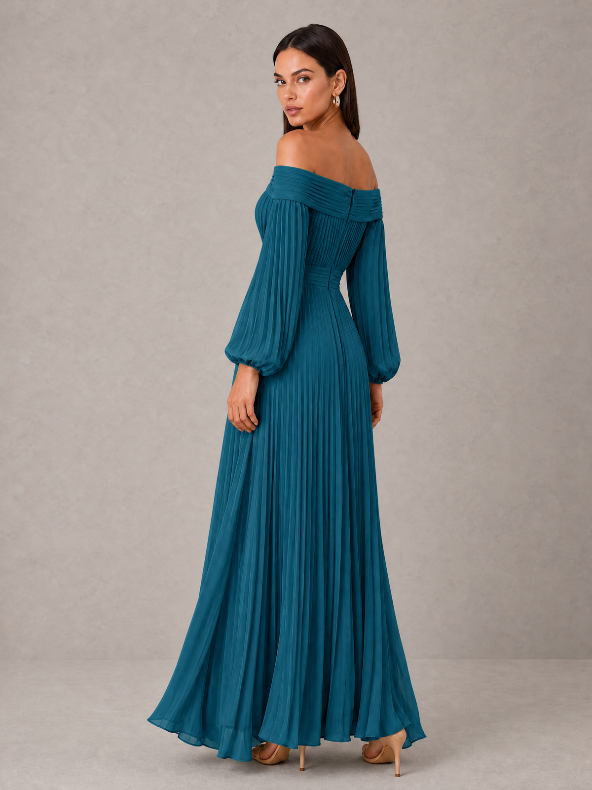 BOLODOO Peacock Off-Shoulder Long Sleeve Pleated High-Low Dress - Peacock - Peacock_2