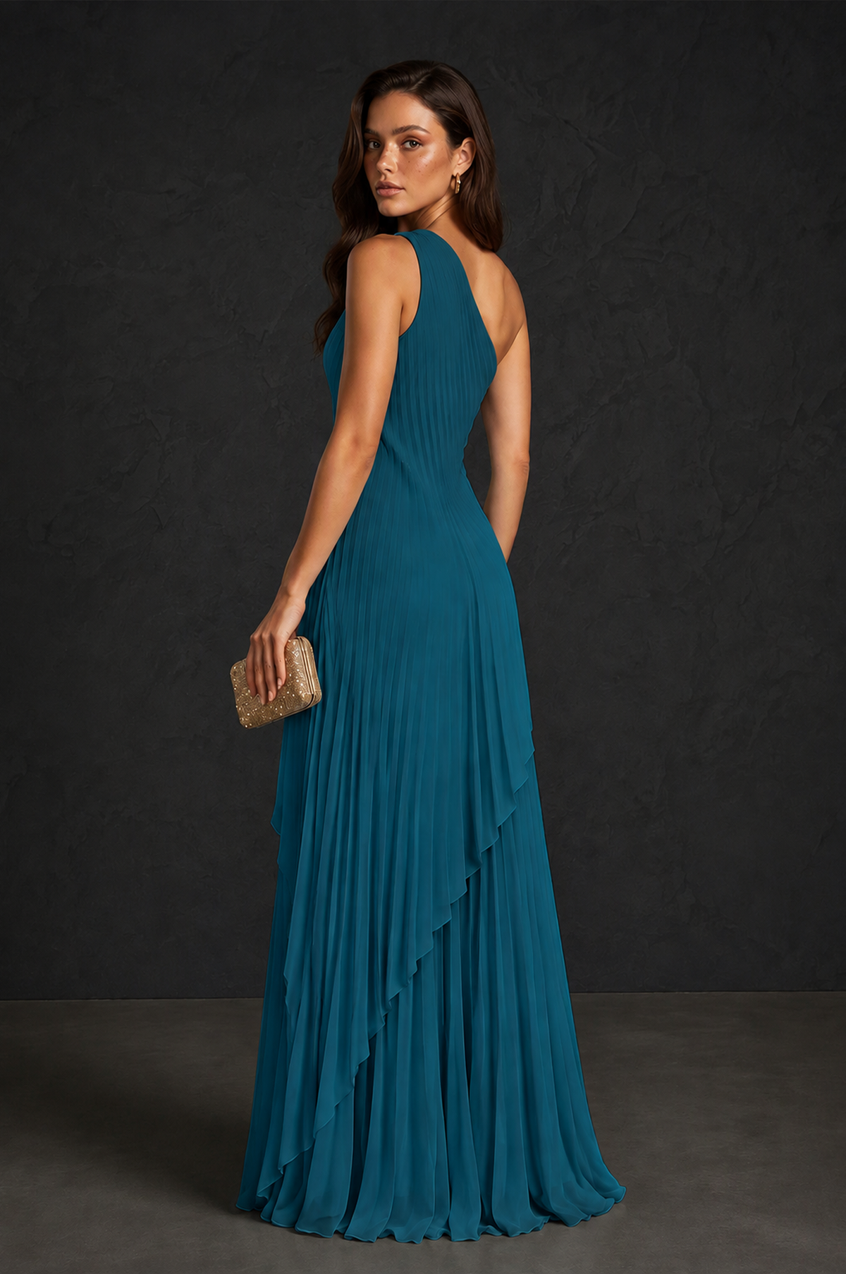 BOLODOO Peacock One-Shoulder Sunburst Pleated Asymmetric Layered Overlay Accordion Pleated Chiffon Maxi Dress - Peacock
