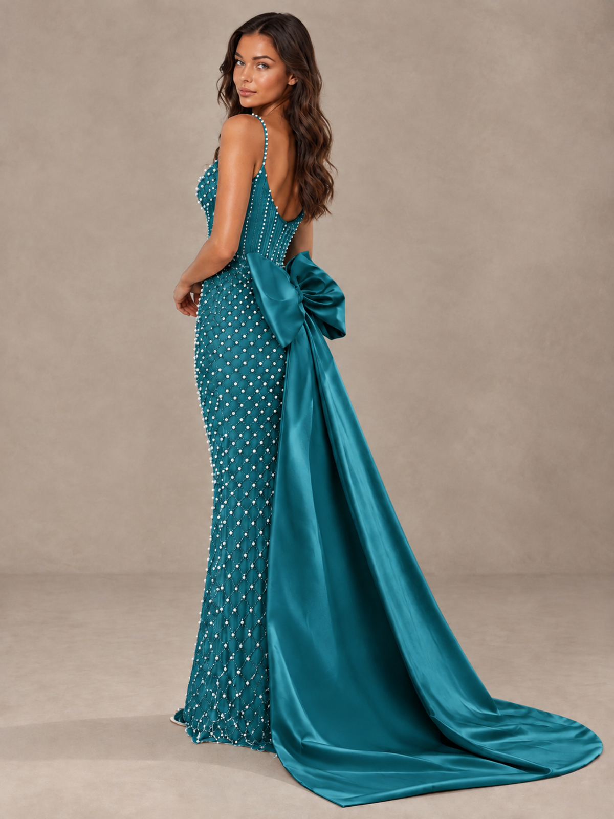 BOLODOO Peacock Beaded Corset Prom Dress with Bow Train - Peacock - Peacock_2