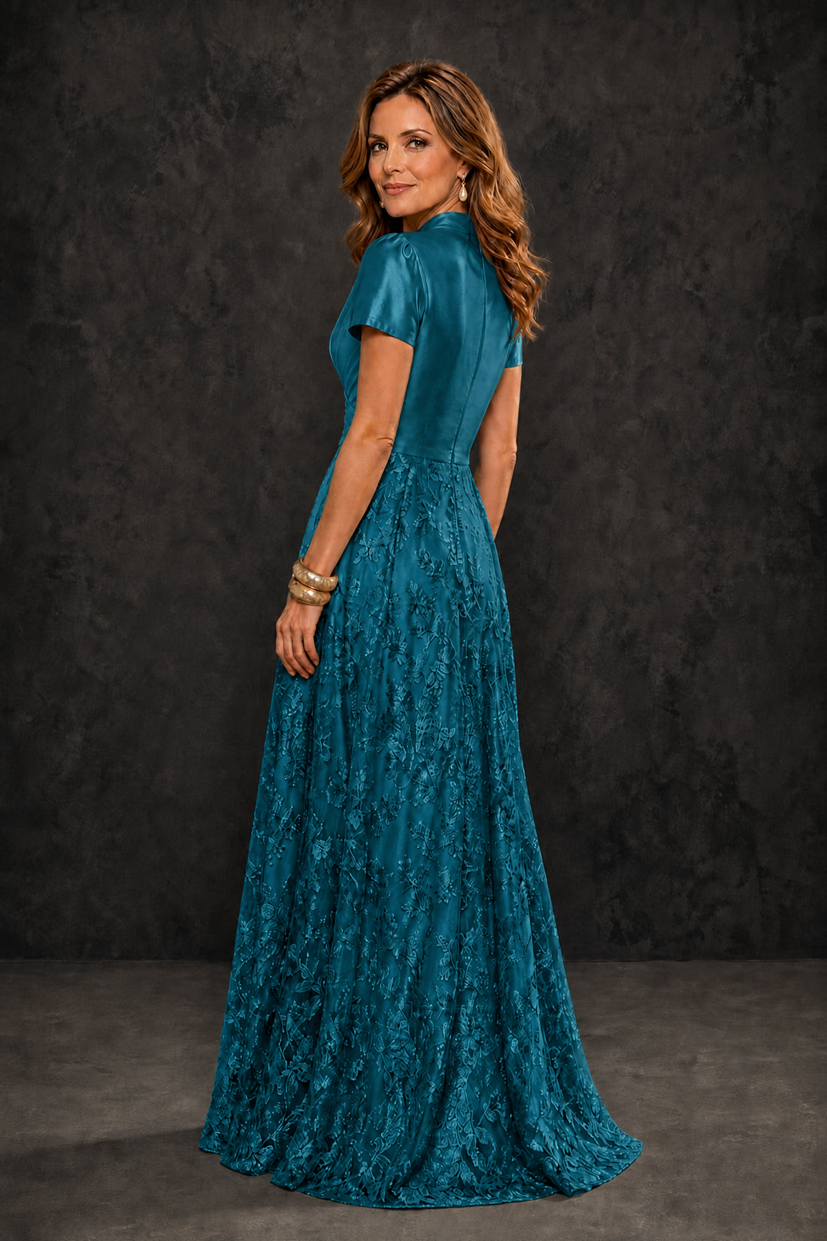 BOLODOO Peacock Satin Wrap V-Neck Short Sleeve Lace Glitter A-Line Floor Length Evening Gown – Formal Dress - Peacock