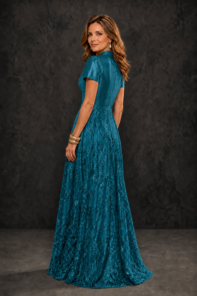 BOLODOO Peacock Satin Wrap V-Neck Short Sleeve Lace Glitter A-Line Floor Length Evening Gown – Formal Dress - Peacock