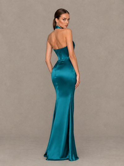 BOLODOO Peacock Cross-Halter Ruched Satin-Look Evening Gown with High Slit - Peacock - Peacock_2