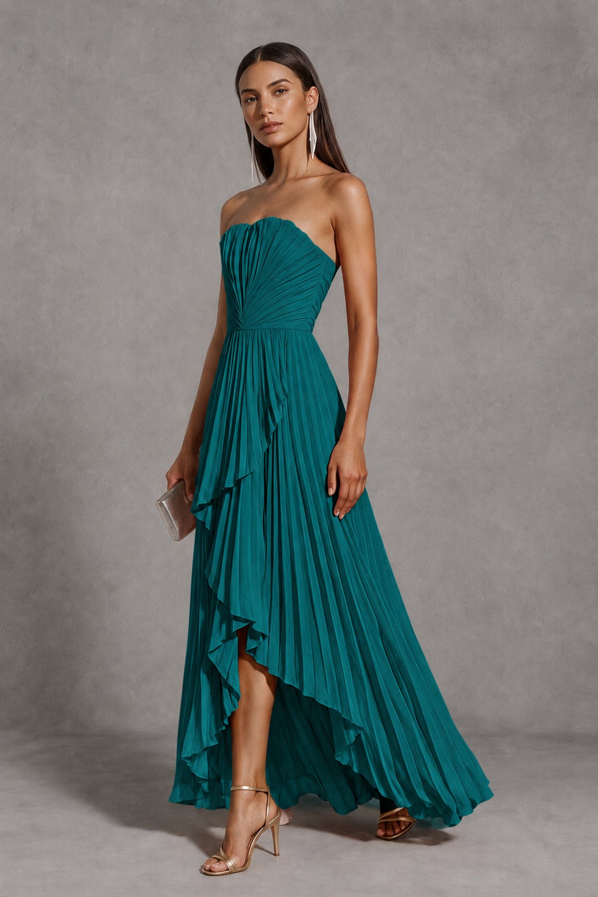 Peacock Strapless Pleated High-Low Evening Gown with Ruffle Hem - Peacock