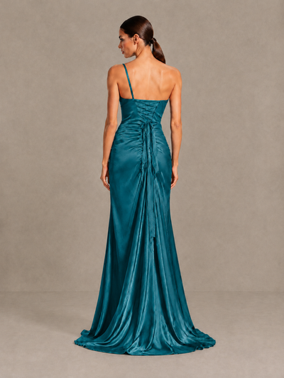 BOLODOO Peacock One Shoulder Satin Evening Gown with High Slit and Sweep Train - Peacock - Peacock_2