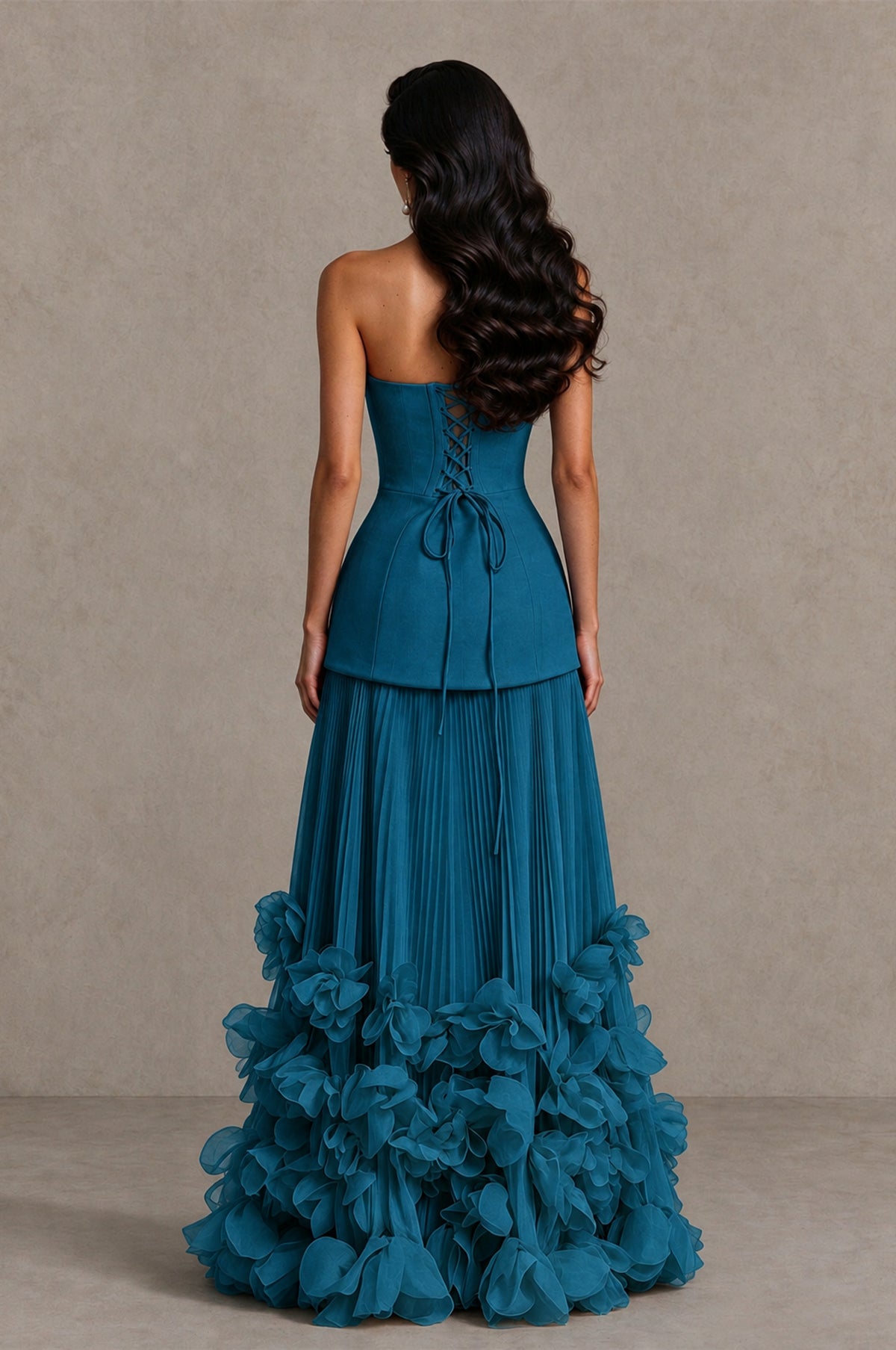 BOLODOO Peacock Strapless Pleated Floral Hem Evening Gown - Peacock - Peacock_2