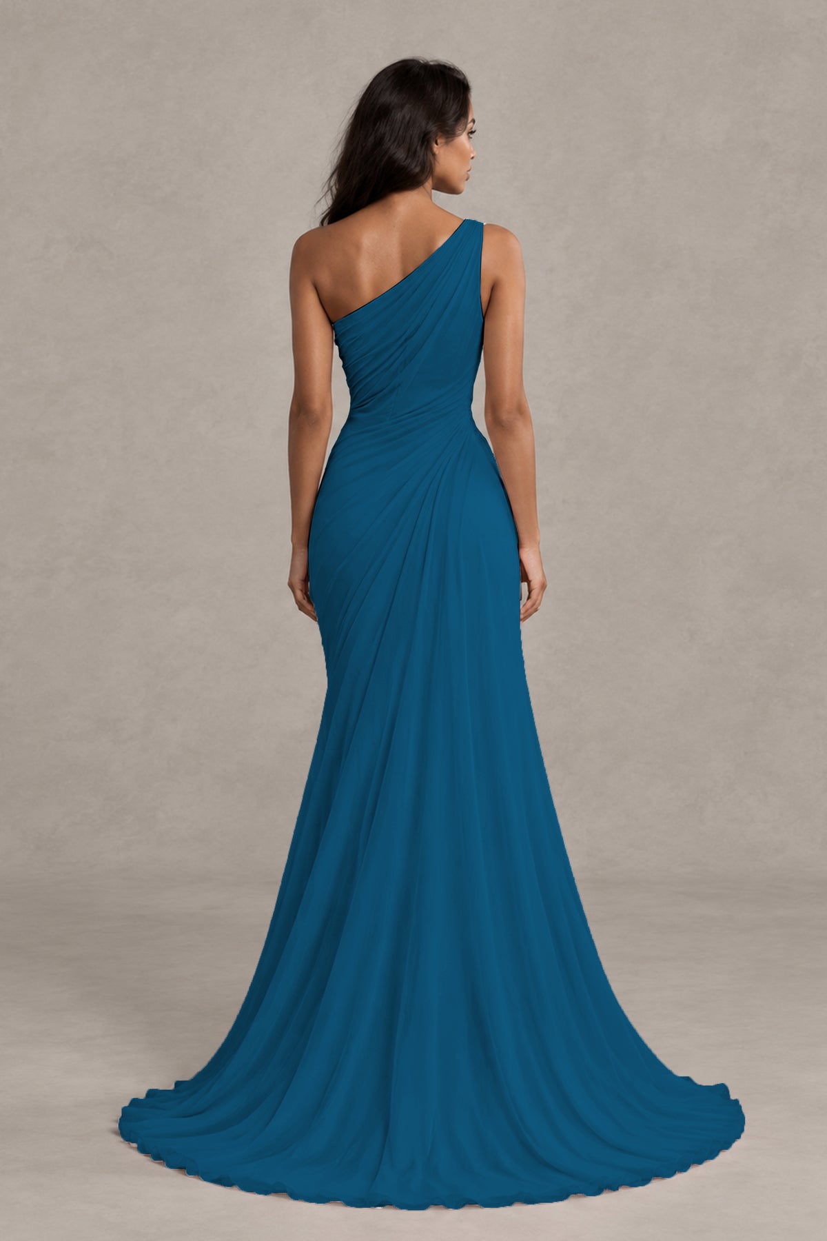 BOLODOO Peacock One-Shoulder Floral Ruched Maxi Dress - Peacock