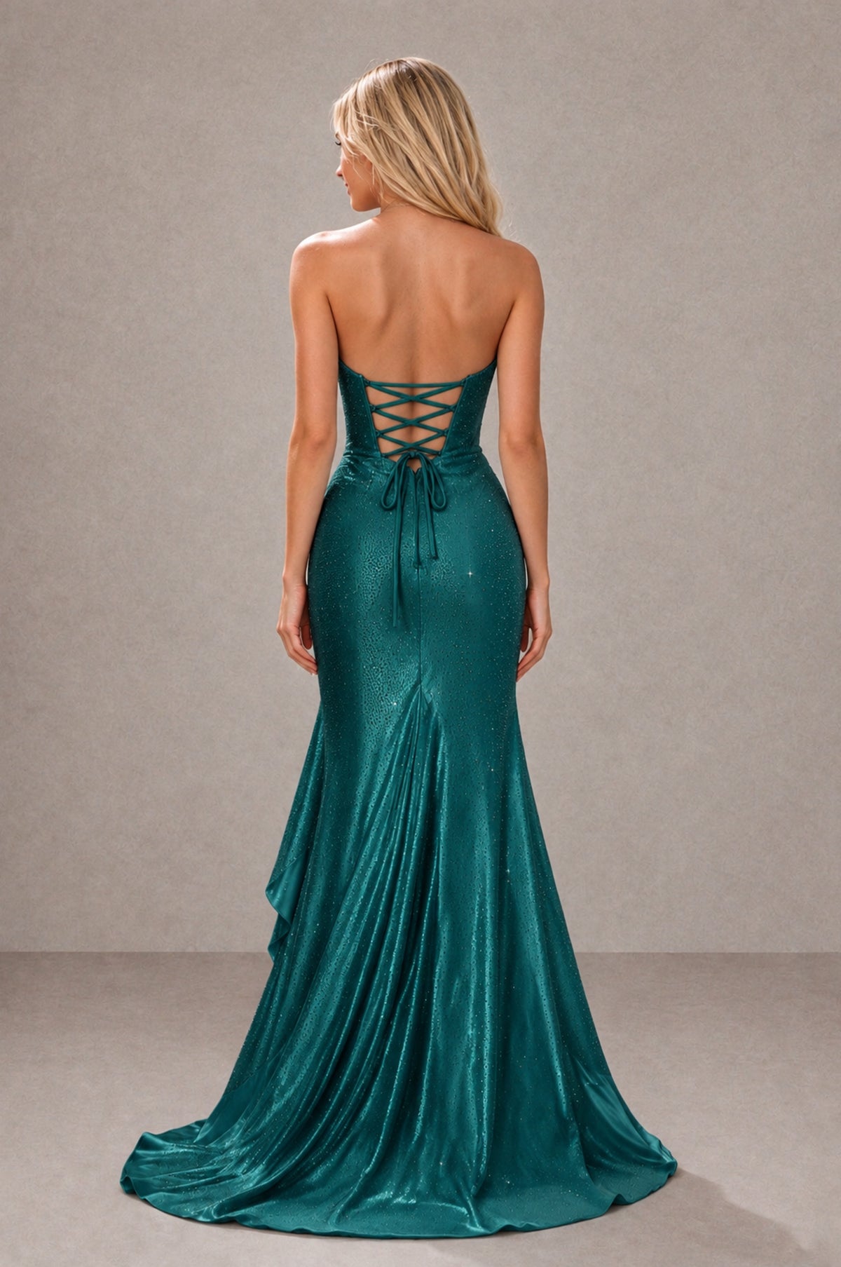 BOLODOO Peacock Strapless Corset Mermaid Prom Dress with Ruffle Slit - Peacock - Peacock_2