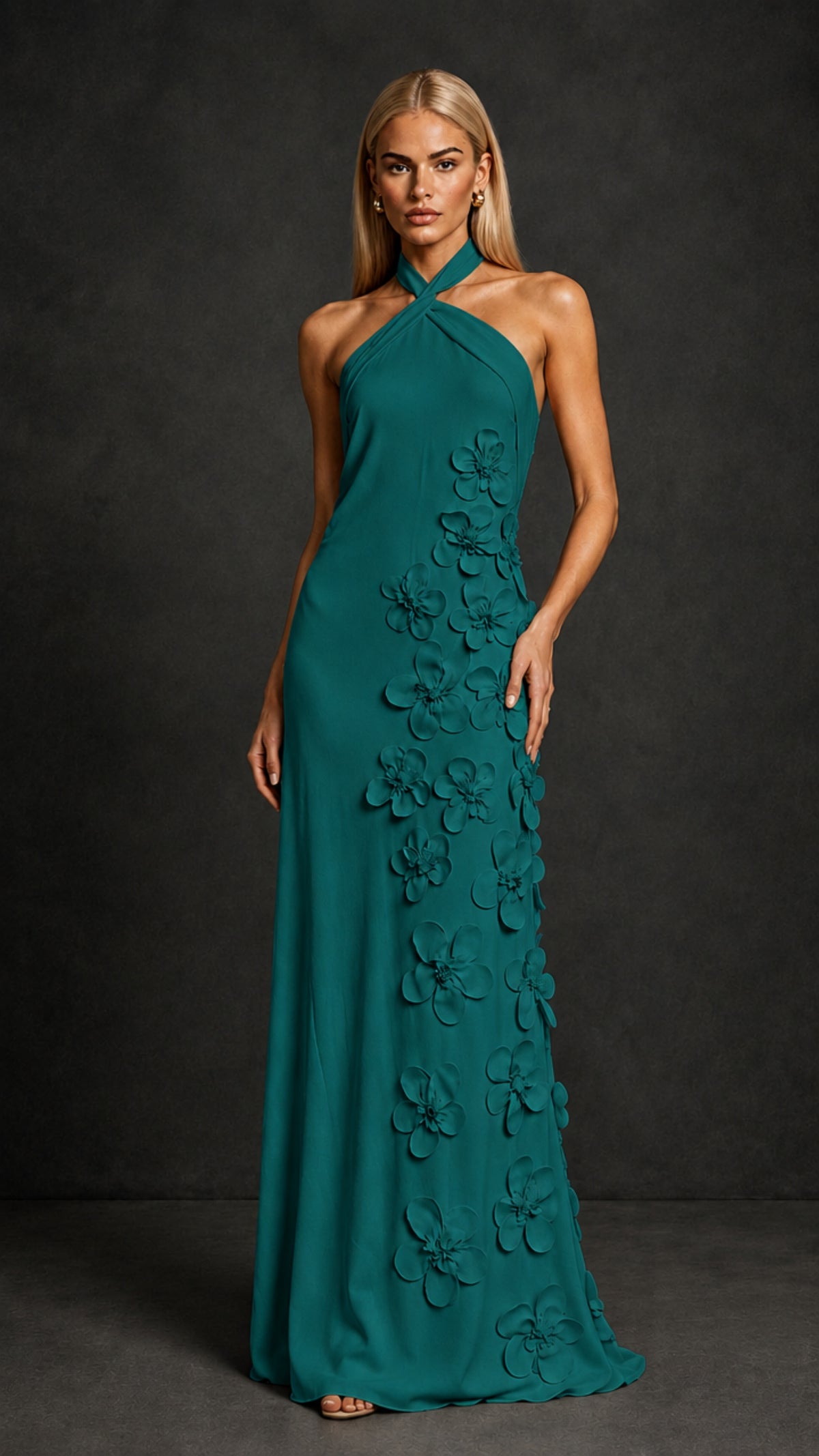 BOLODOO Peacock Cross Halter Neck 3D Floral Appliqué Backless Mermaid Maxi Gown - Peacock