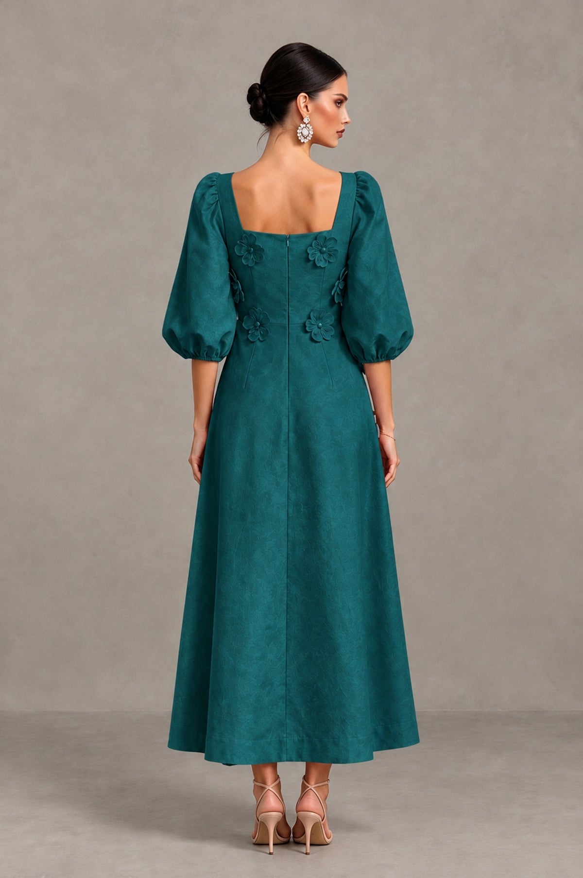 BOLODOO Peacock 3D Floral Puff Sleeve Midi Cocktail Dress - Peacock - Peacock_2
