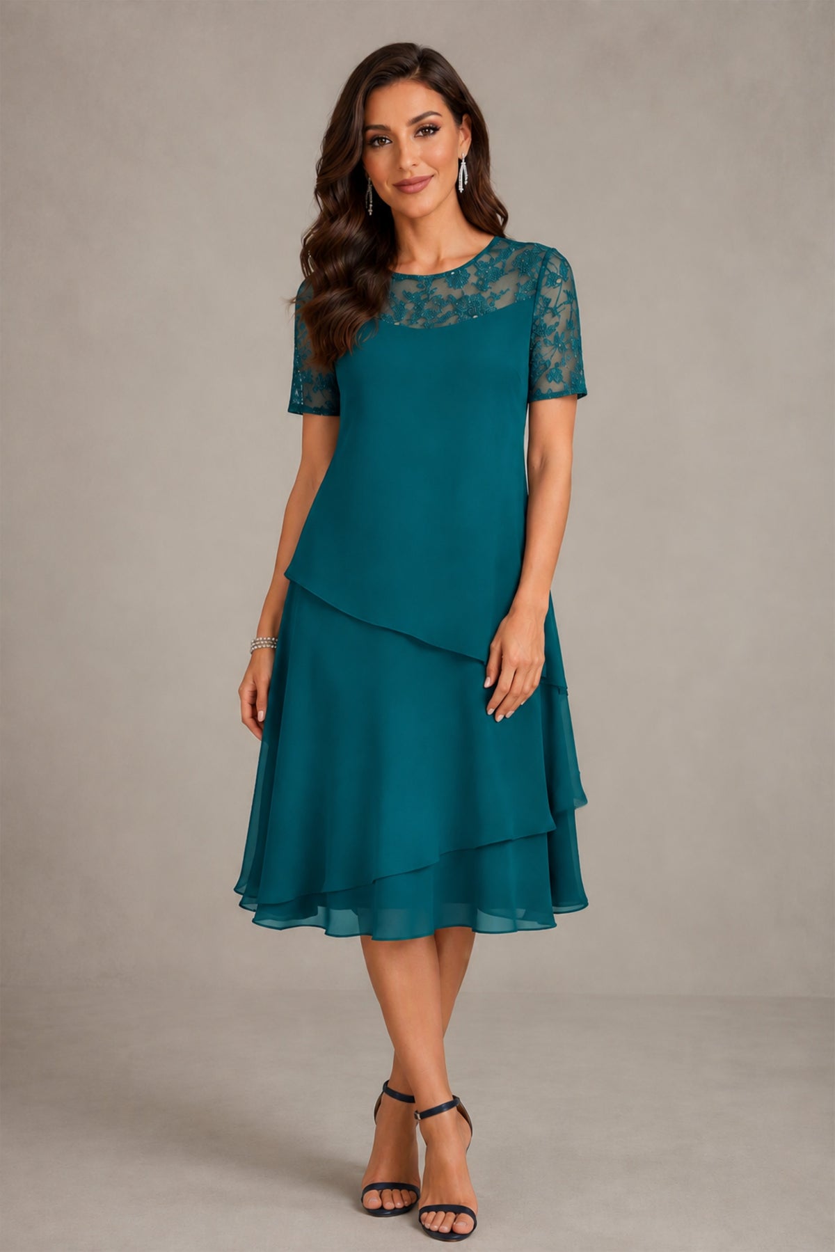 BOLODOO Peacock Illusion Lace Short Sleeve Tiered Chiffon Tea Length Dress | Mother of the Bride Midi Dress - Peacock