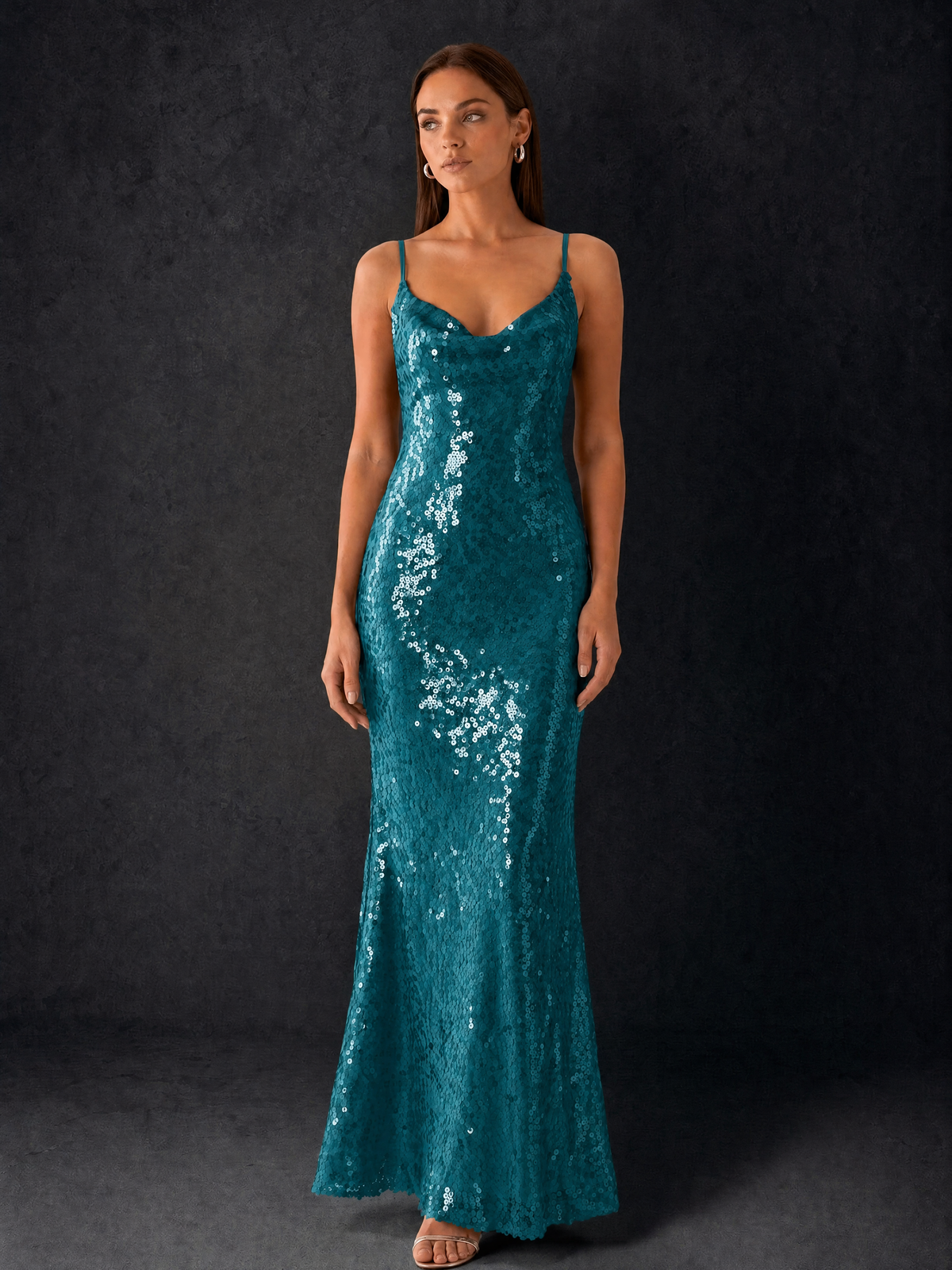 BOLODOO Bronze Sequin Cowl Neck Spaghetti Strap Mermaid Maxi Dress with Open Criss-Cross Back - Peacock - Peacock