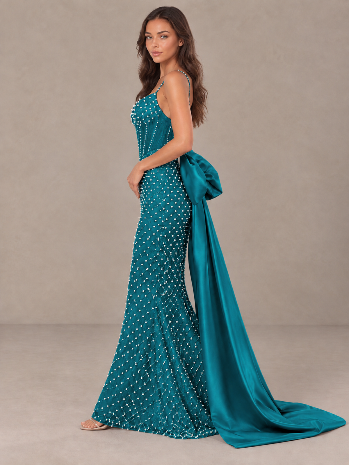 BOLODOO Peacock Beaded Corset Prom Dress with Bow Train - Peacock - Peacock_3