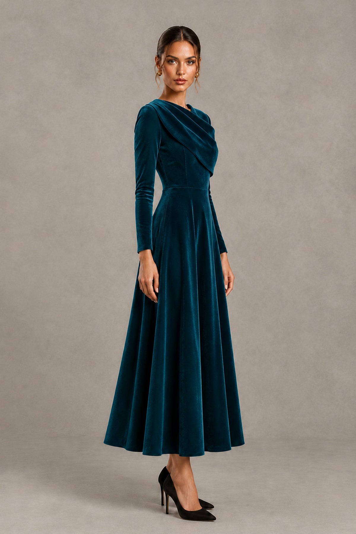 BOLODOO Peacock Velvet-Look Long Sleeve Tea-Length A-Line Dress with Draped Neckline - Peacock - Peacock_3