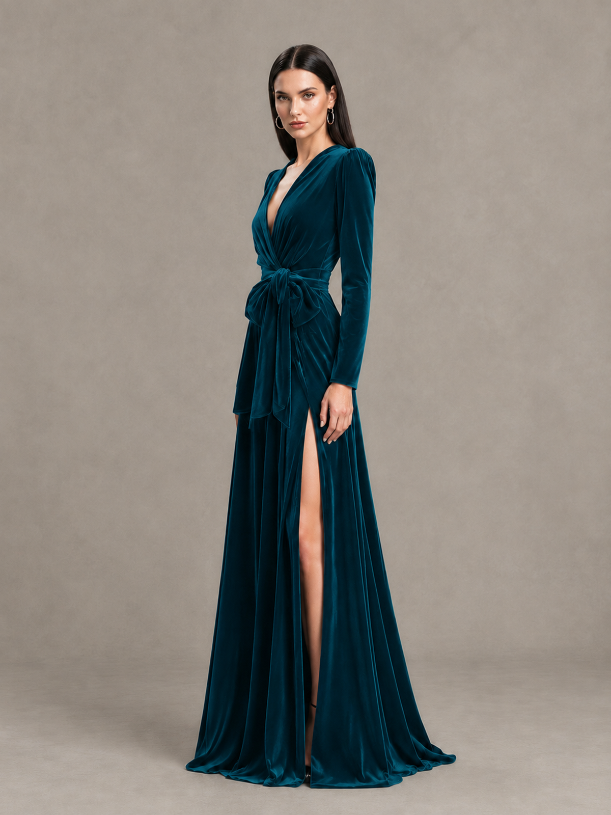 BOLODOO Peacock Long Sleeve Velvet-Look Evening Dress with High Slit - Peacock - Peacock_3