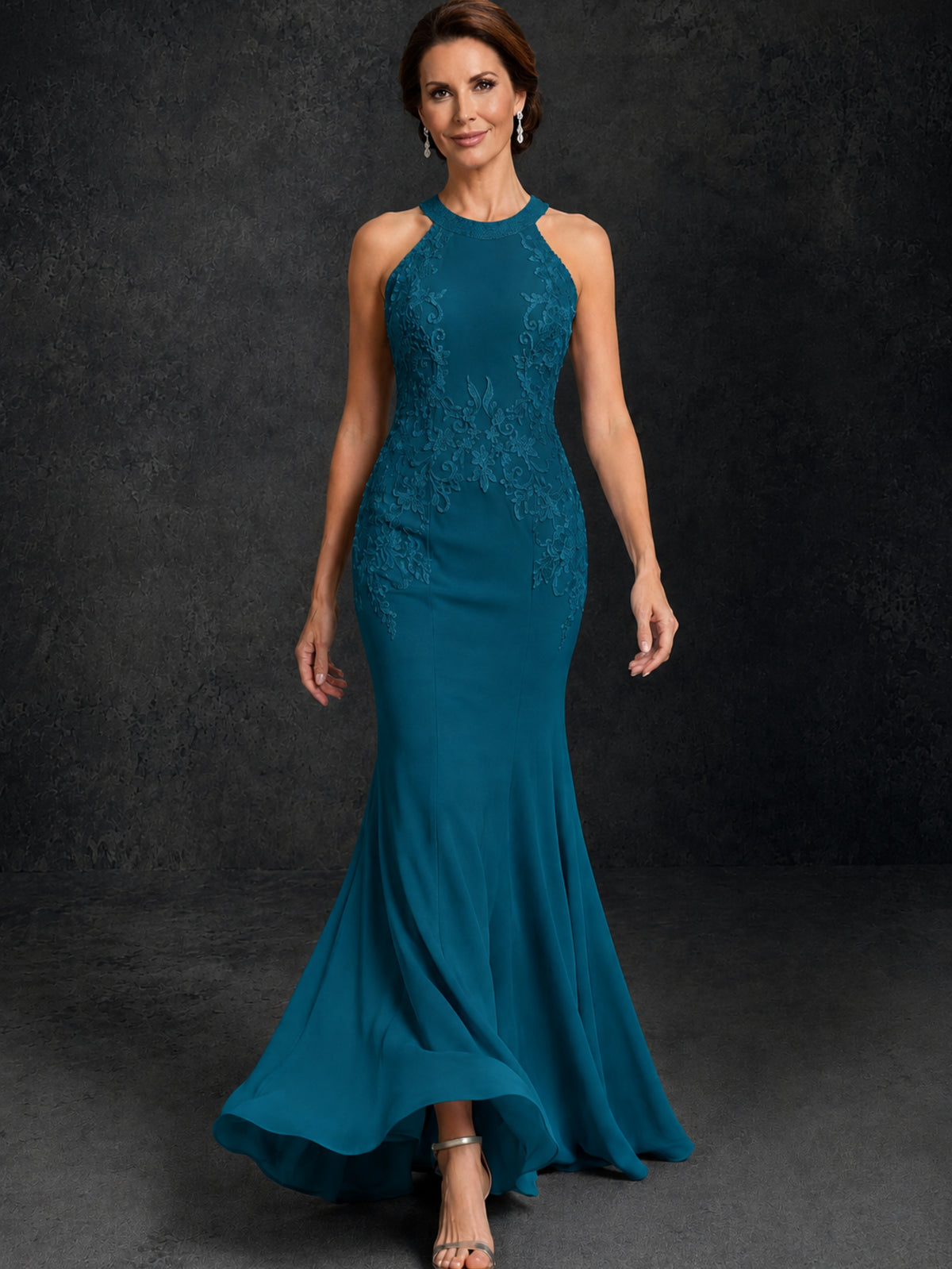 BOLODOO Peacock Lace Applique Halter Neck Sheer Back Mermaid Maxi Dress with Sweep Train - Peacock