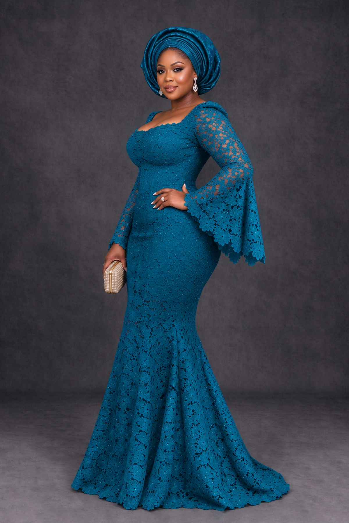 BOLODOO Peacock African Lace Mermaid Dress, Plus Size Nigerian Wedding Guest Gown with Bell Sleeves - Peacock - Peacock_3