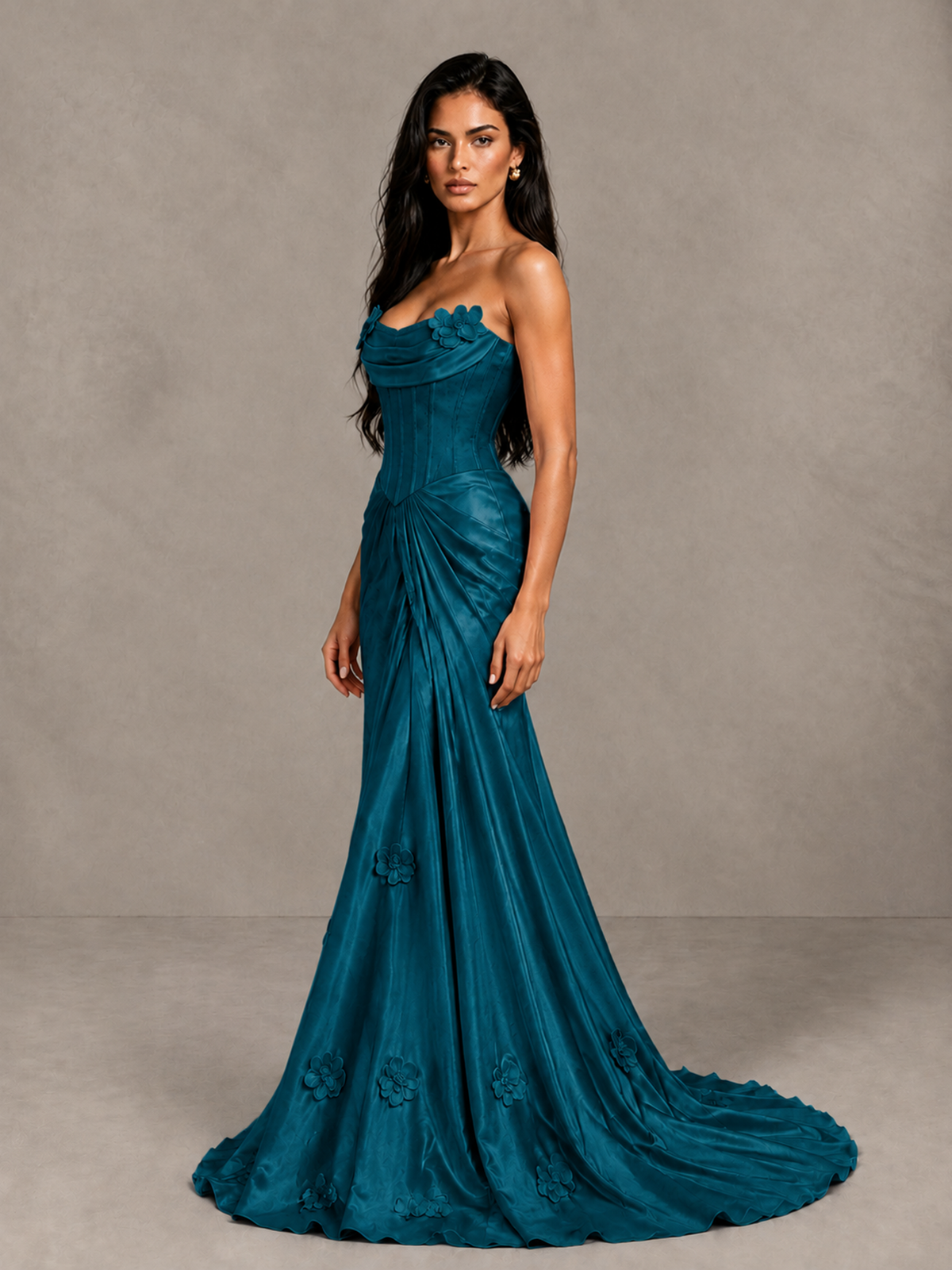 BOLODOO Peacock Strapless Floral Corset Evening Gown with Train - Peacock - Peacock_3