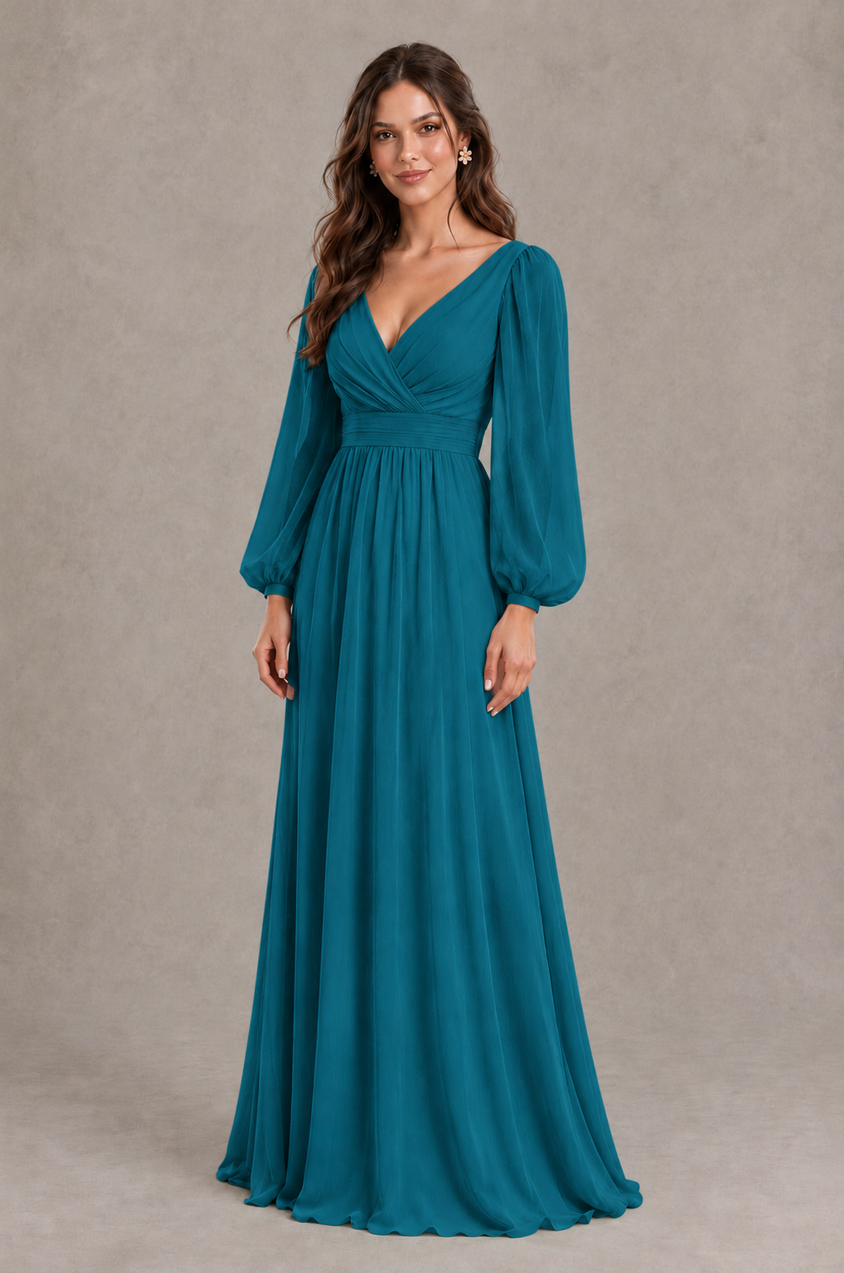 BOLODOO Peacock Long Sleeve V-Neck A-Line Bridesmaid Dress - Peacock - Peacock_3