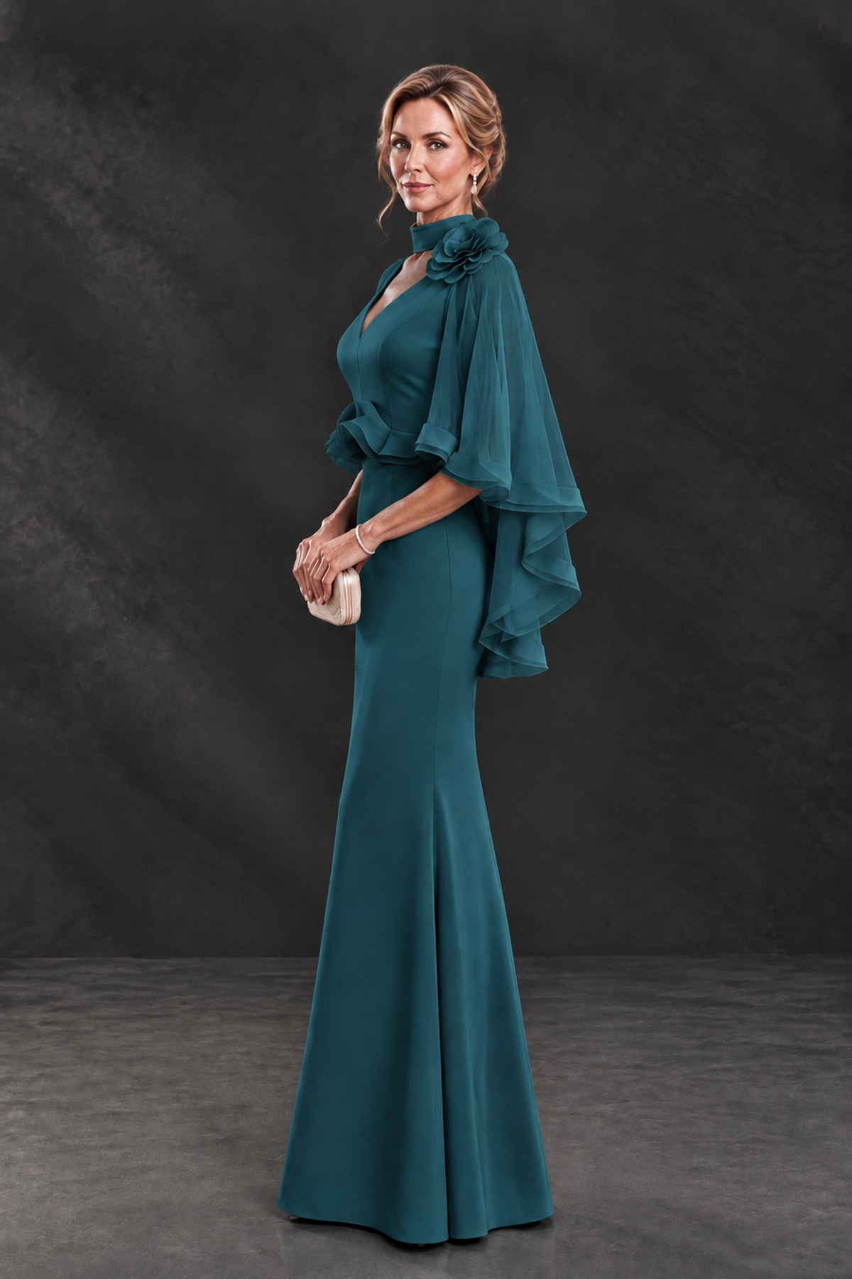 BOLODOO Peacock Floral Cape Sleeve Mother of the Bride Dress - Peacock - Peacock_3