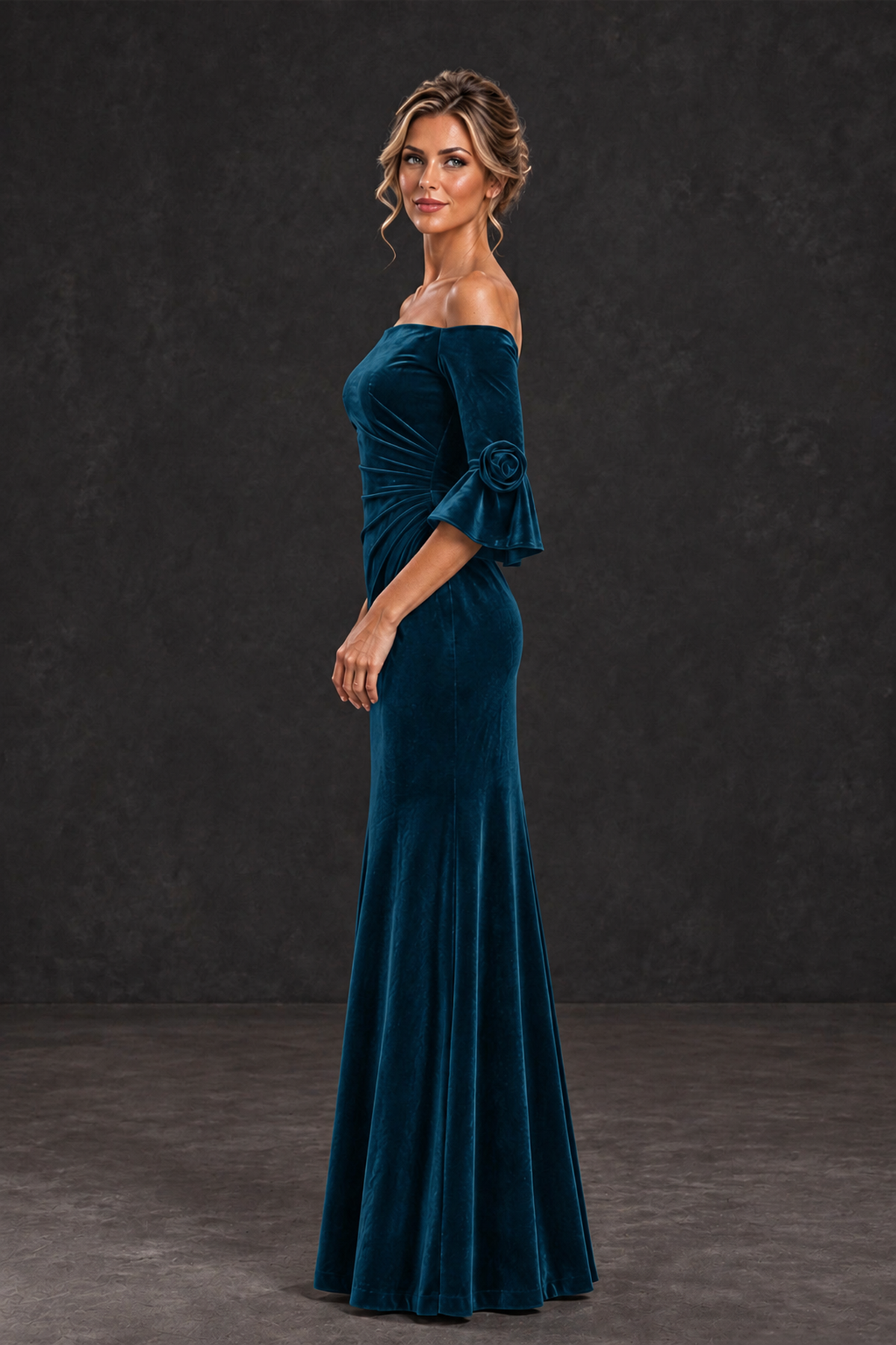 BOLODOO Peacock Velvet Off-Shoulder Mother of the Bride Dress – 3/4 Floral Cuff Sleeve Mermaid Evening Gown - Peacock - Peacock_3