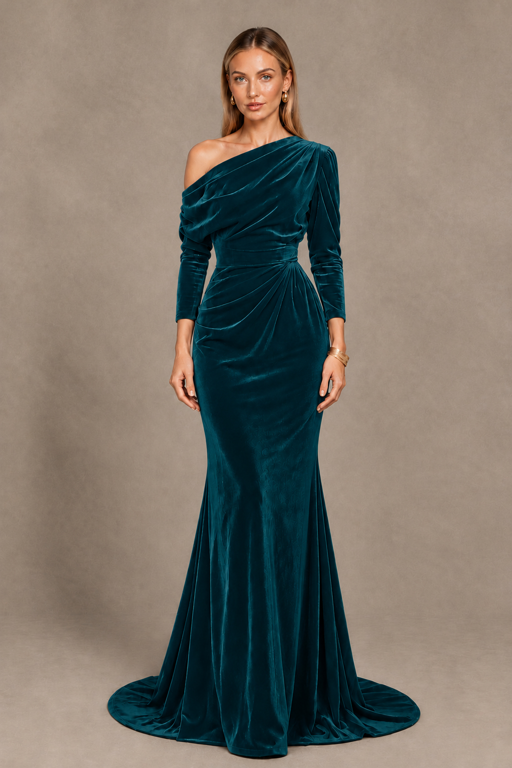 BOLODOO Peacock Velvet Asymmetric Neck Mermaid Evening Dress - Peacock - Peacock_3