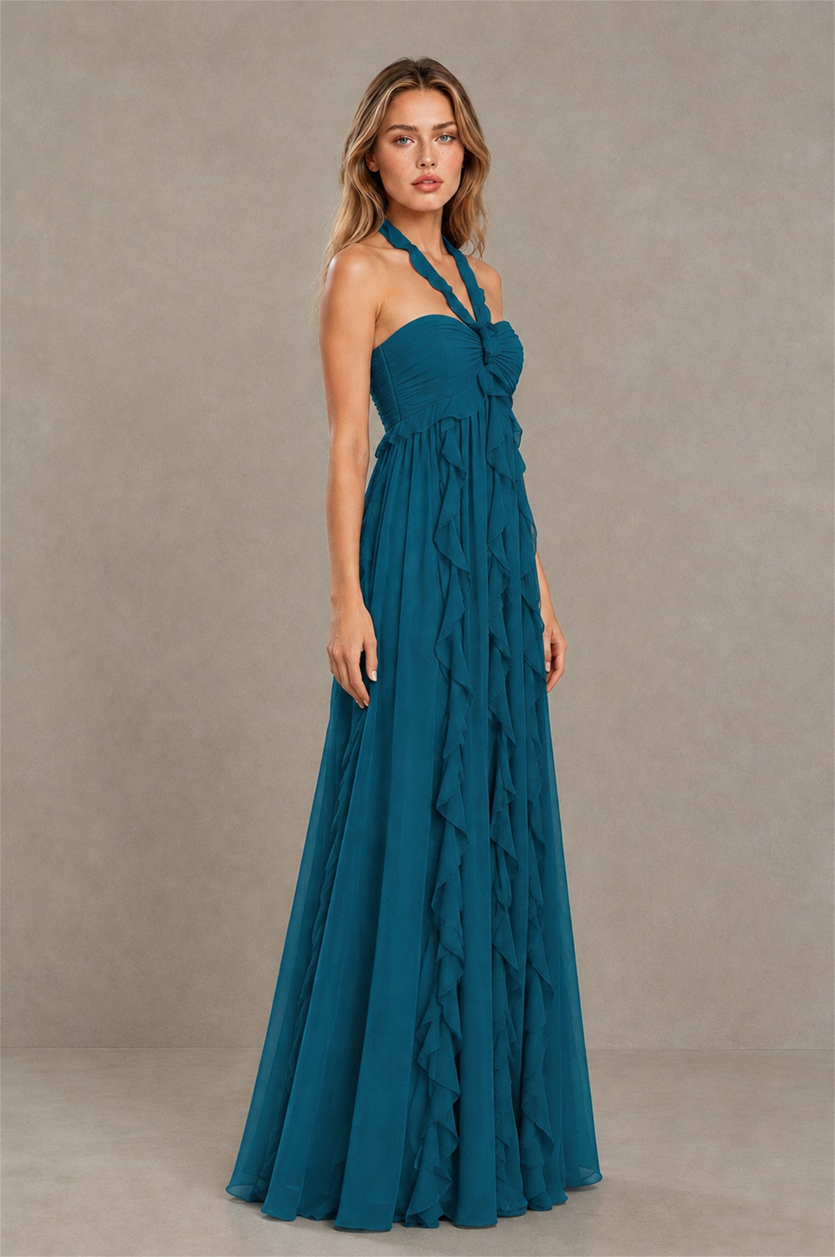 BOLODOO Peacock Halter Ruffle A-Line Floor-Length Evening Dress - Peacock - Peacock_3