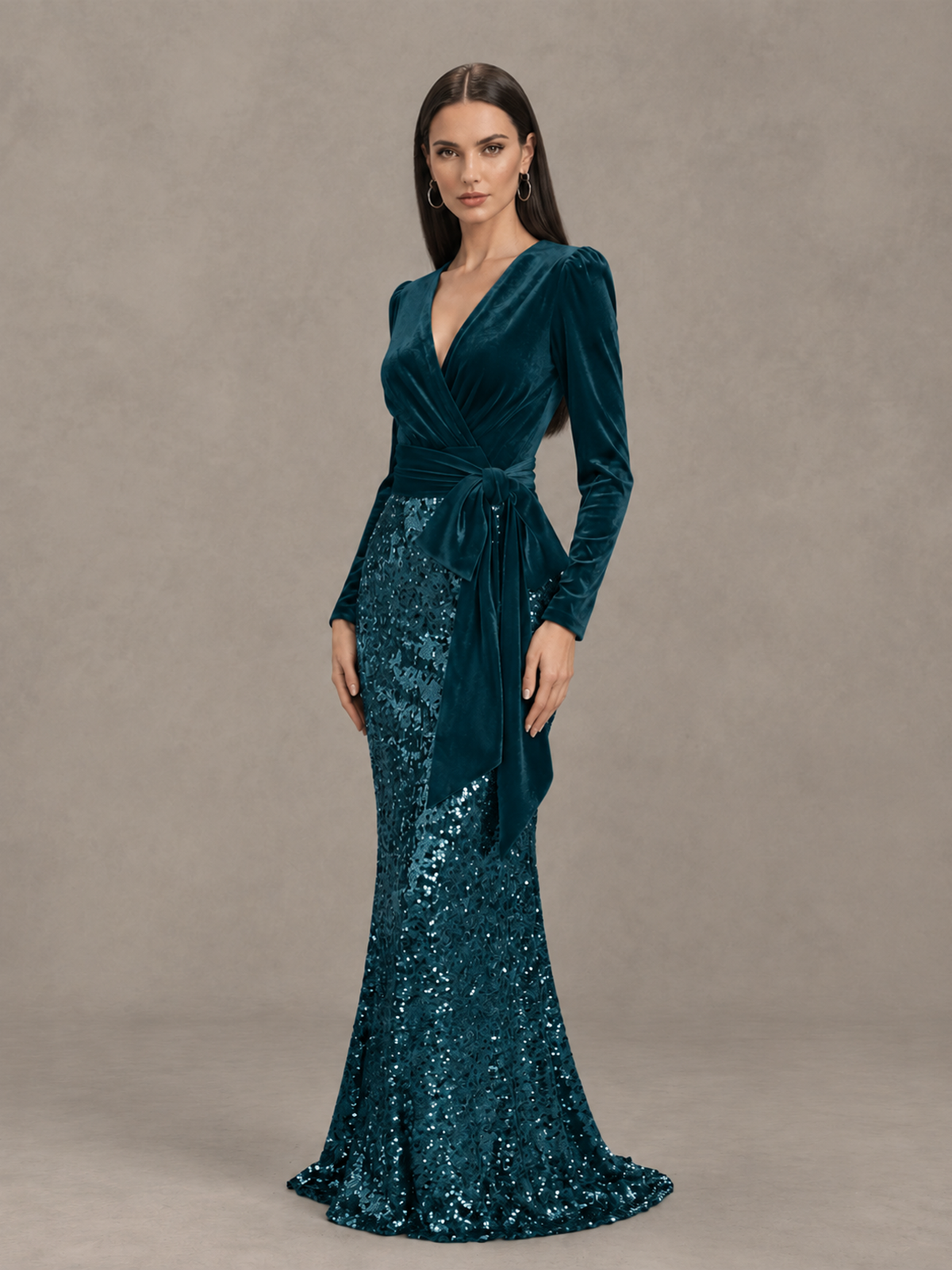 BOLODOO Peacock Velvet & Sequin Long Sleeve V-Neck Mermaid Evening Gown - Peacock - Peacock_3