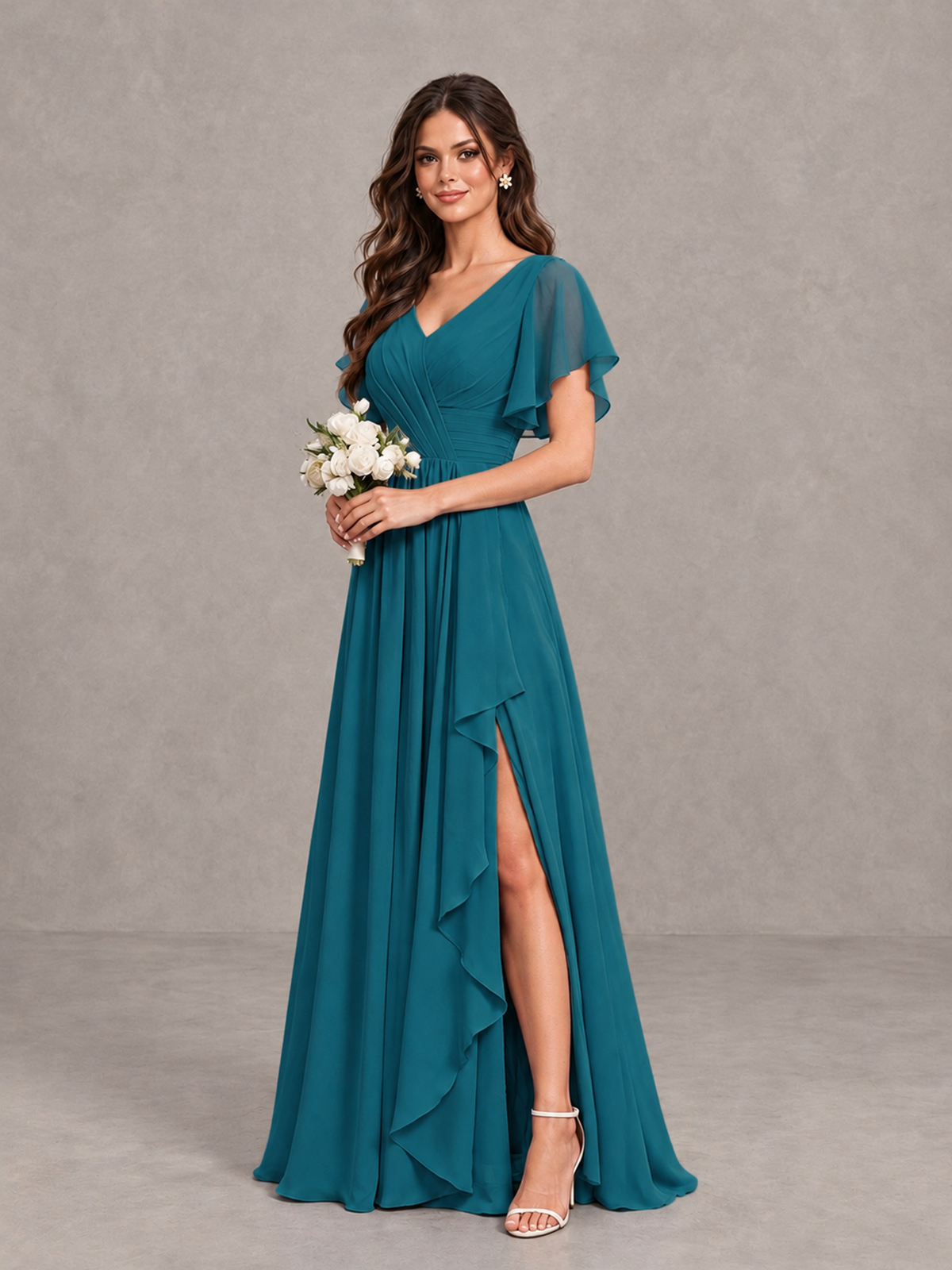 BOLODOO Peacock Flutter Sleeve V-Neck Bridesmaid Dress with Ruffle Slit - Peacock - Peacock_3