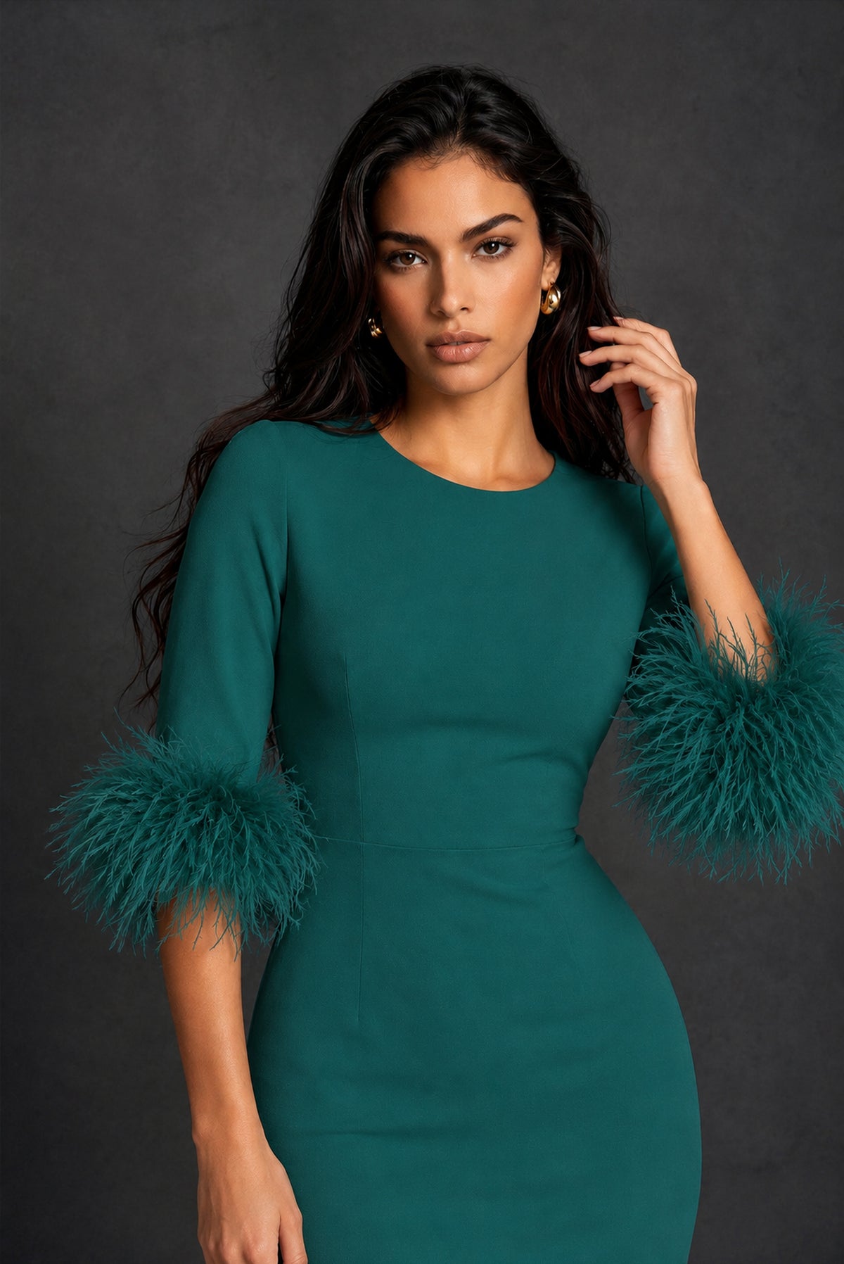 BOLODOO Peacock Ostrich Feather Cuff 3/4 Sleeve Round Neck Bodycon Midi Dress with Back Slit - Peacock