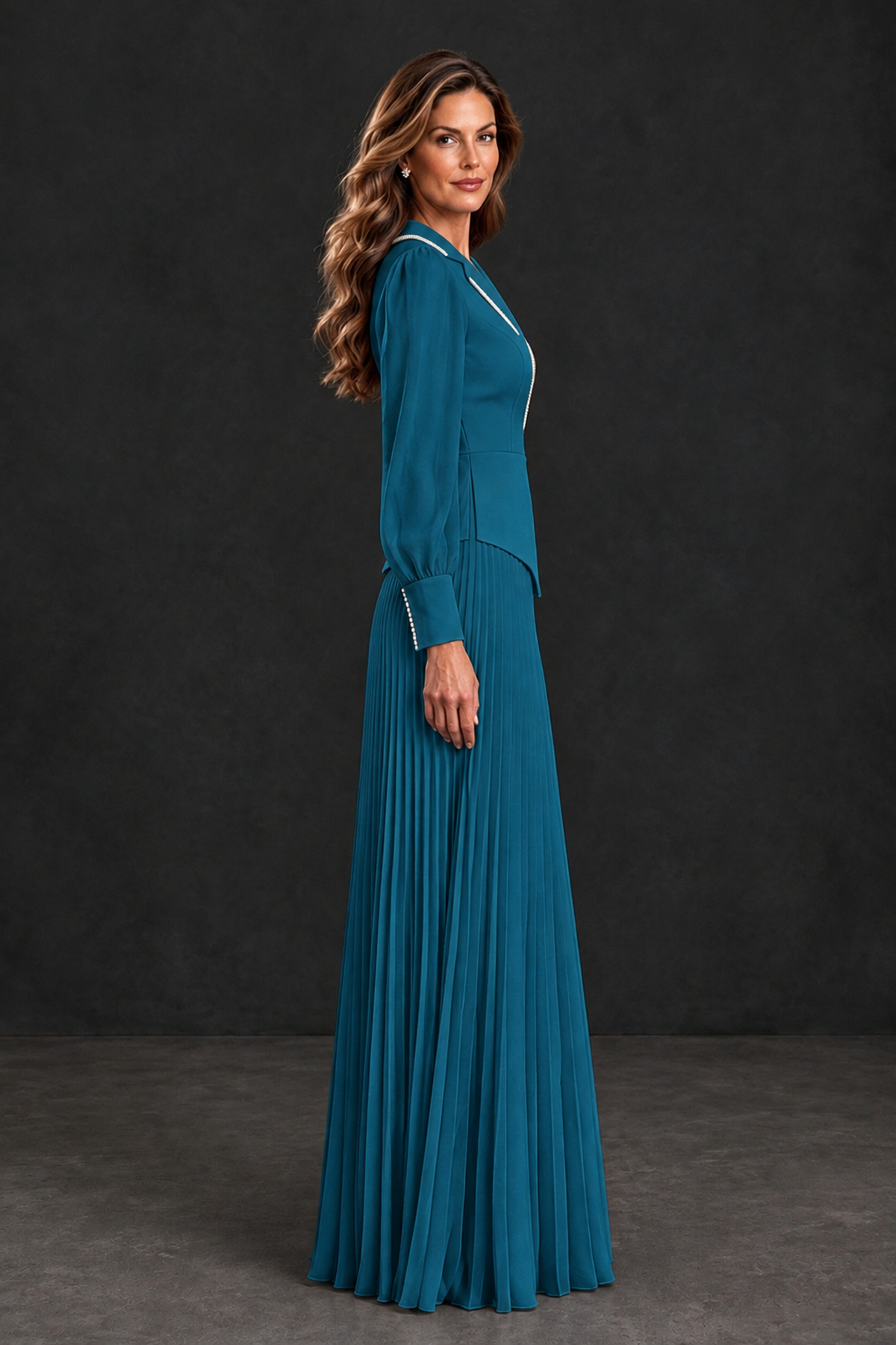 BOLODOO Peacock Long Sleeve Pleated Mother of the Bride Dress - Peacock - Peacock_3