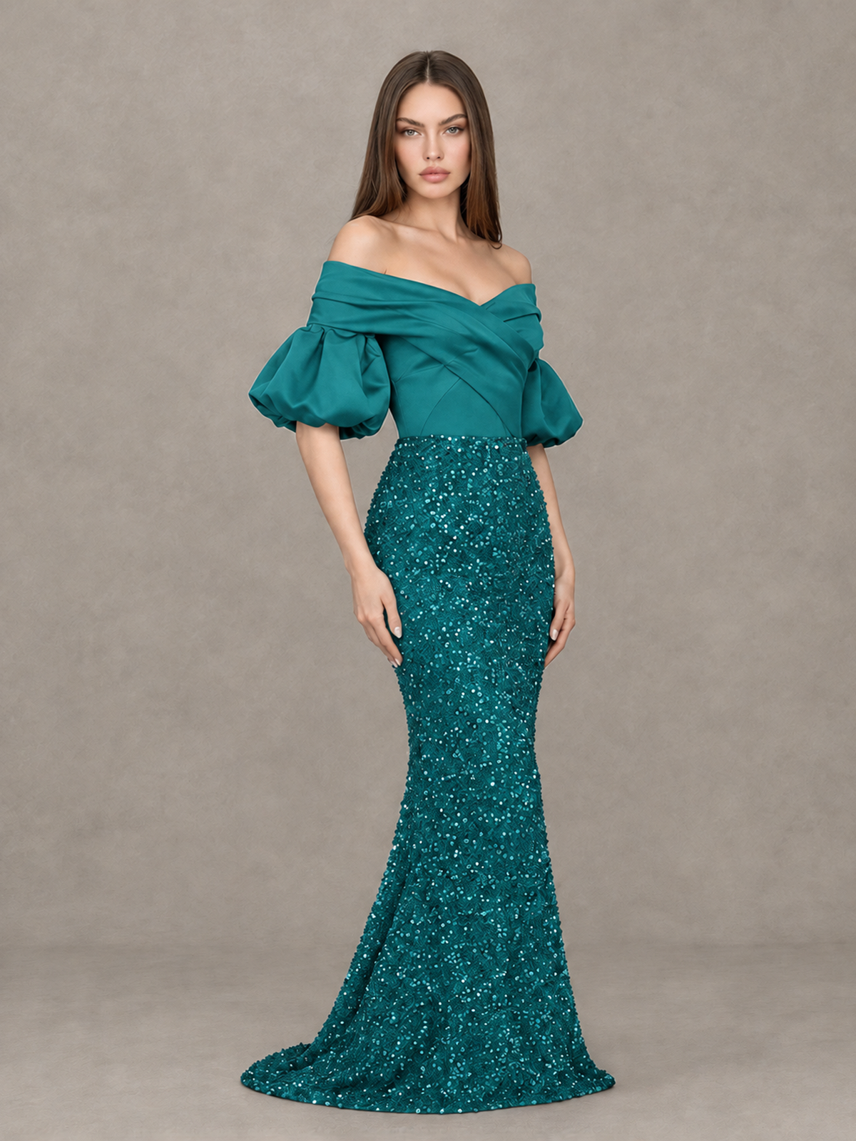 BOLODOO Peacock Off-Shoulder Puff Sleeve Sequin Mermaid Evening Dress - Peacock - Peacock_3