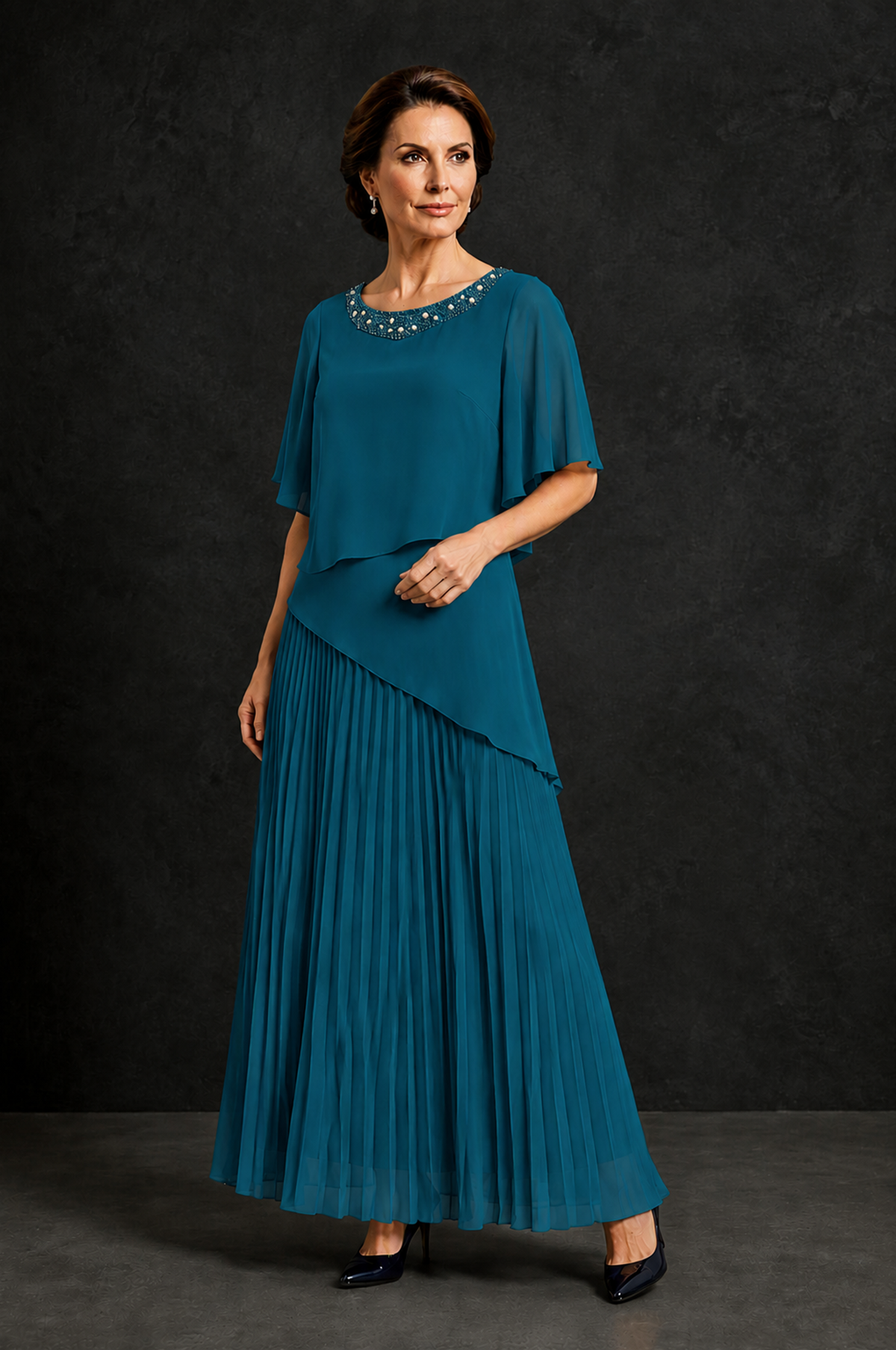 BOLODOO Peacock Pearl Beaded Neck Asymmetric Tiered Flutter Sleeve Pleated Chiffon Maxi Dress - Peacock - Peacock_3