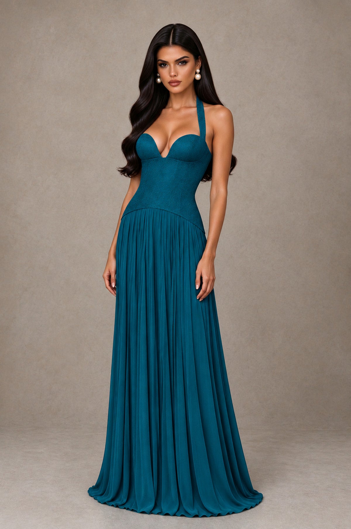 BOLODOO Peacock Halter Corset Pleated A-Line Evening Dress - Peacock - Peacock_3