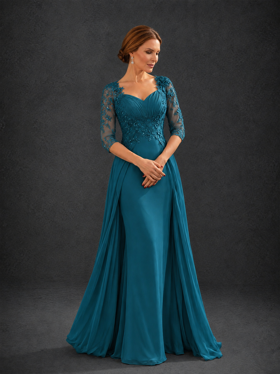 BOLODOO Peacock Sweetheart Neck 3/4 Sleeve Floral Lace Illusion Bodice Chiffon A-Line Gown - Peacock