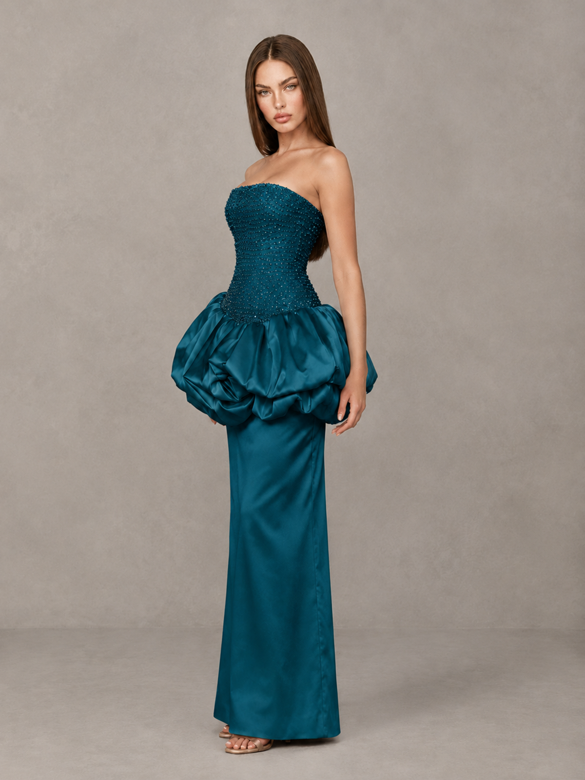 BOLODOO Peacock Strapless Embellished Bubble Peplum Evening Dress - Peacock - Peacock_3