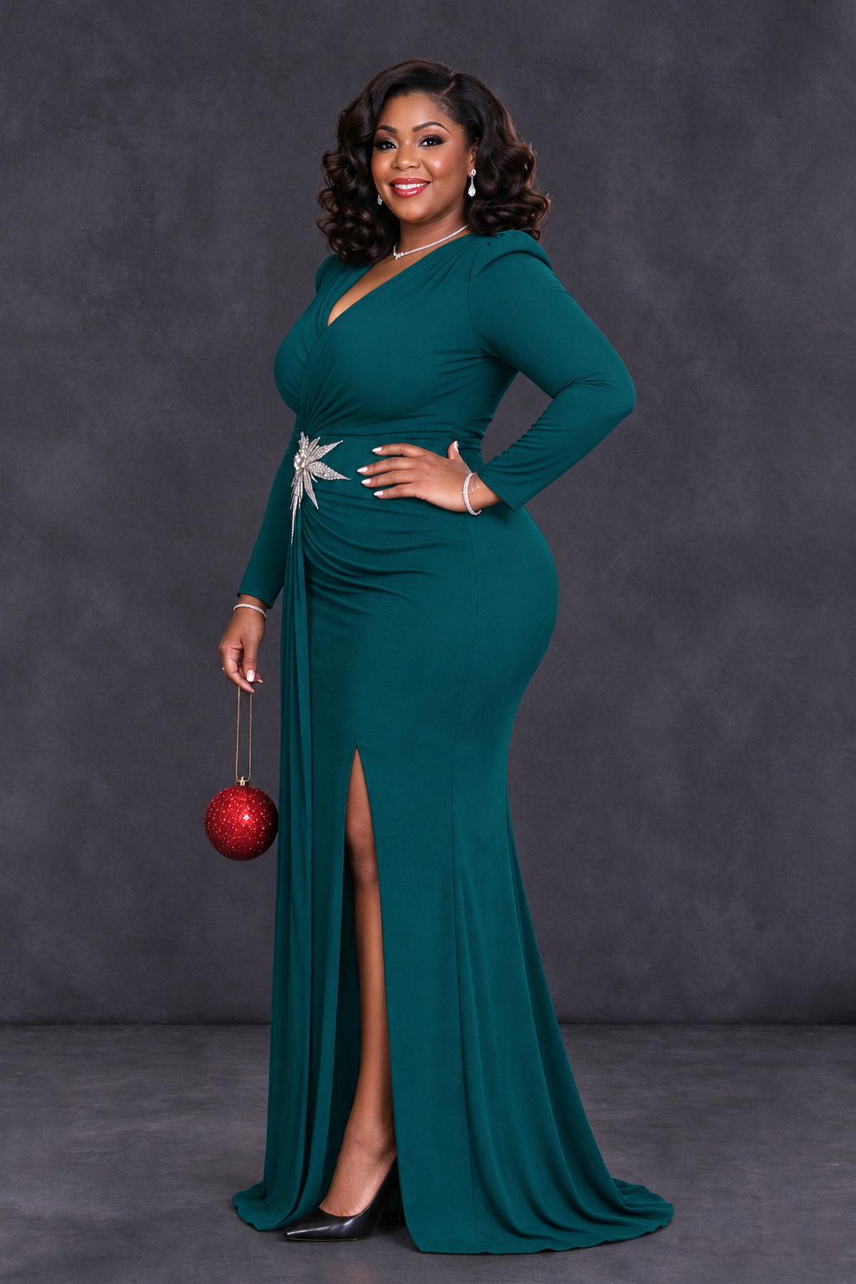 BOLODOO Peacock Plus Size Long Sleeve V-Neck Mother of the Bride Dress with Slit - Peacock - Peacock_3