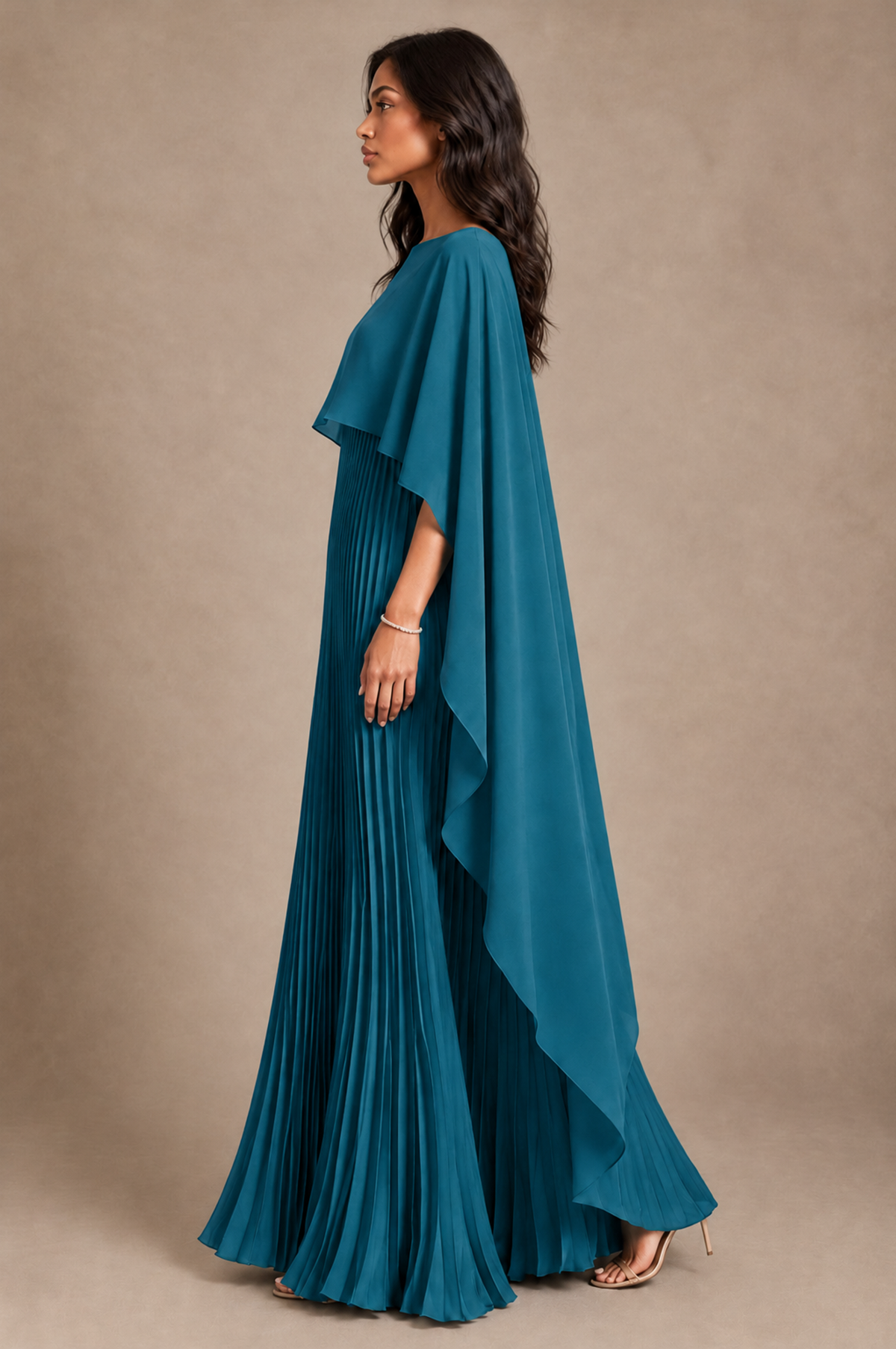 BOLODOO Peacock Pleated Cape A-Line Evening Dress - Peacock - Peacock_3