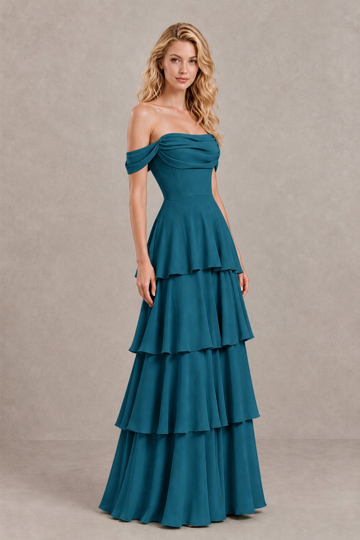BOLODOO Peacock Off-the-Shoulder Tiered A-Line Evening Bridesmaid Dress - Peacock - Peacock_3