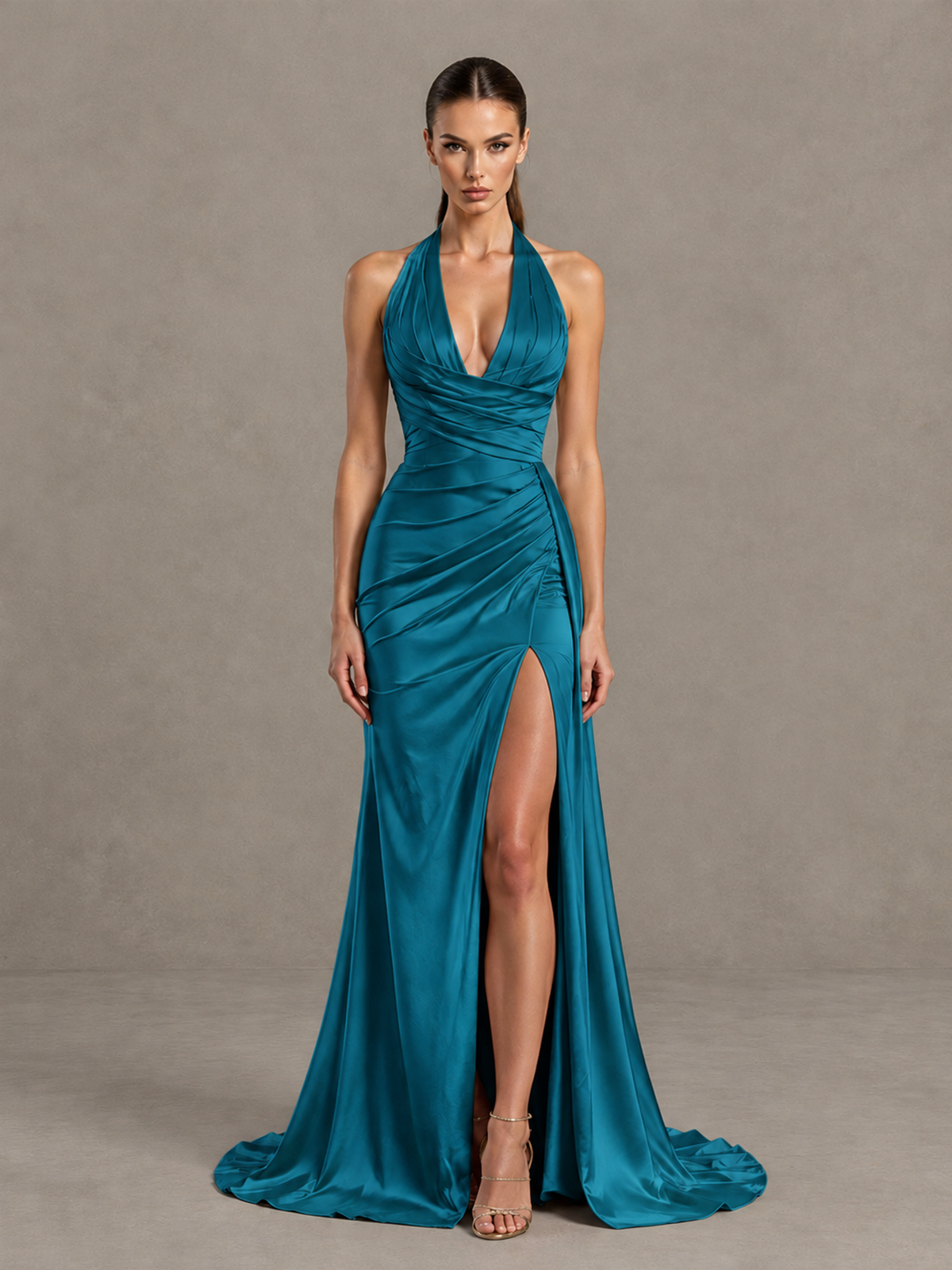 BOLODOO Peacock Halter Satin Evening & Prom Dress with High Slit - Peacock - Peacock_3