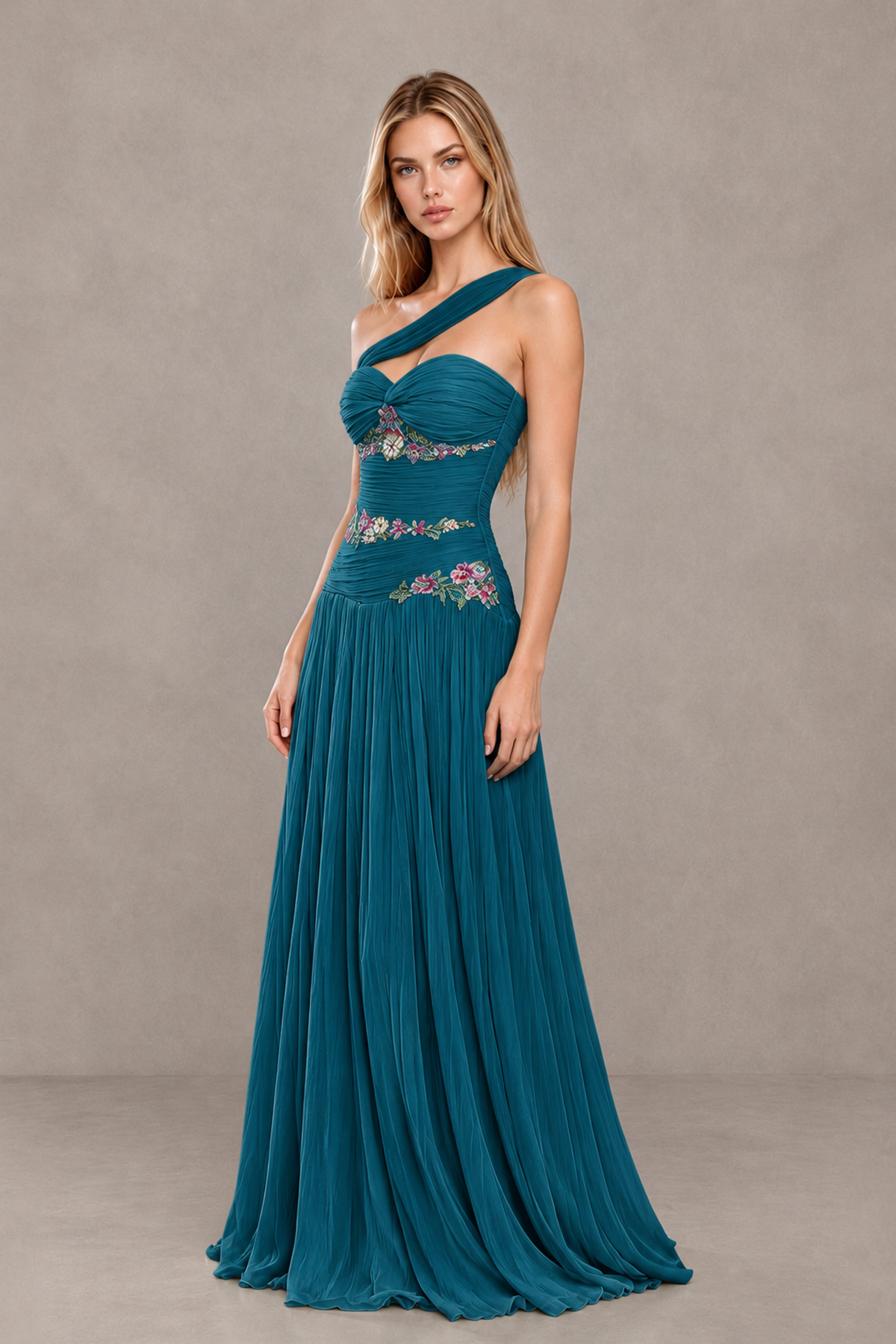 BOLODOO Peacock One-Shoulder Floral Applique A-Line Evening Dress - Peacock - Peacock_3