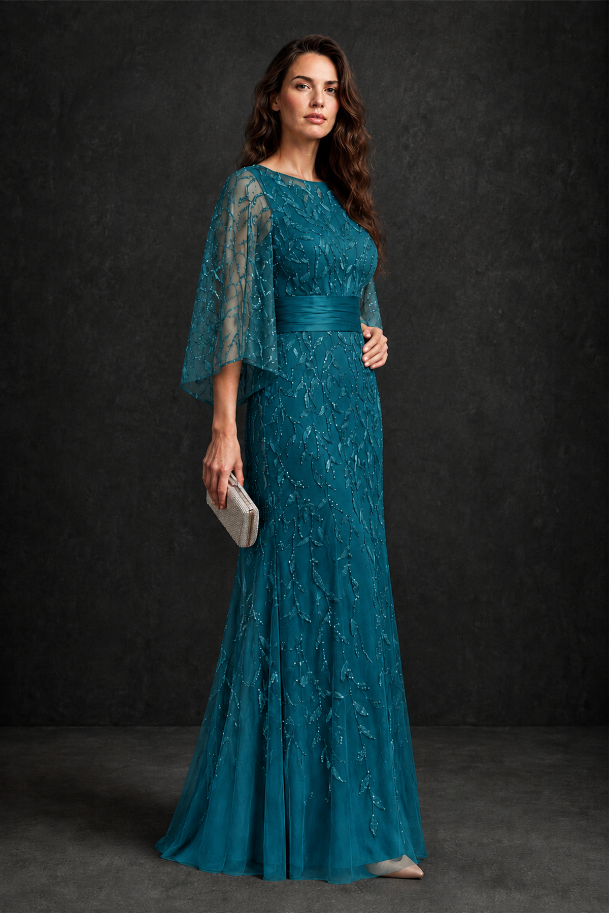 BOLODOO Peacock Bateau Neck Bell Sleeve Sequin Embroidered Satin Waist A-Line Maxi Dress - Peacock - Peacock_3