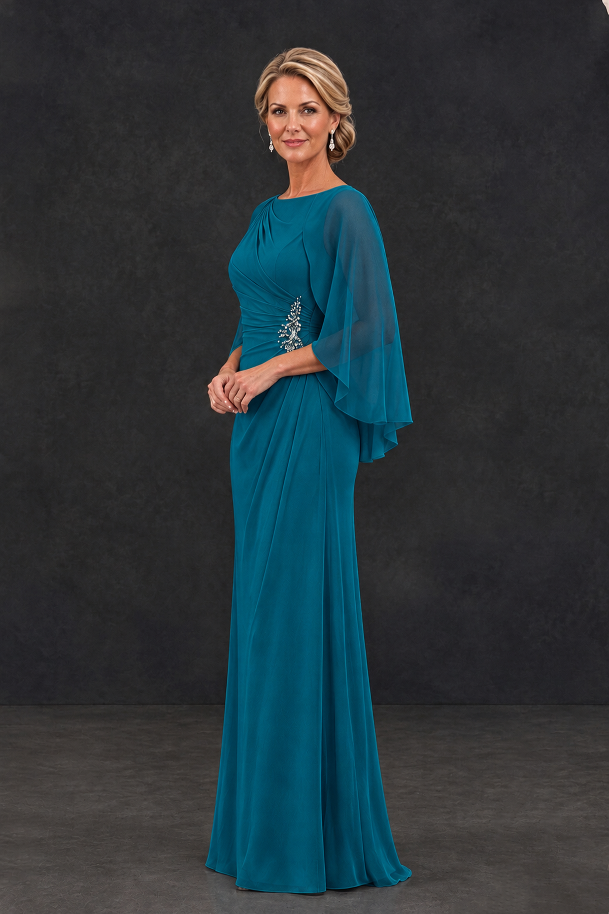 BOLODOO Peacock Cape Sleeve Mother of the Bride Dress with Ruched Waist - Peacock - Peacock_3