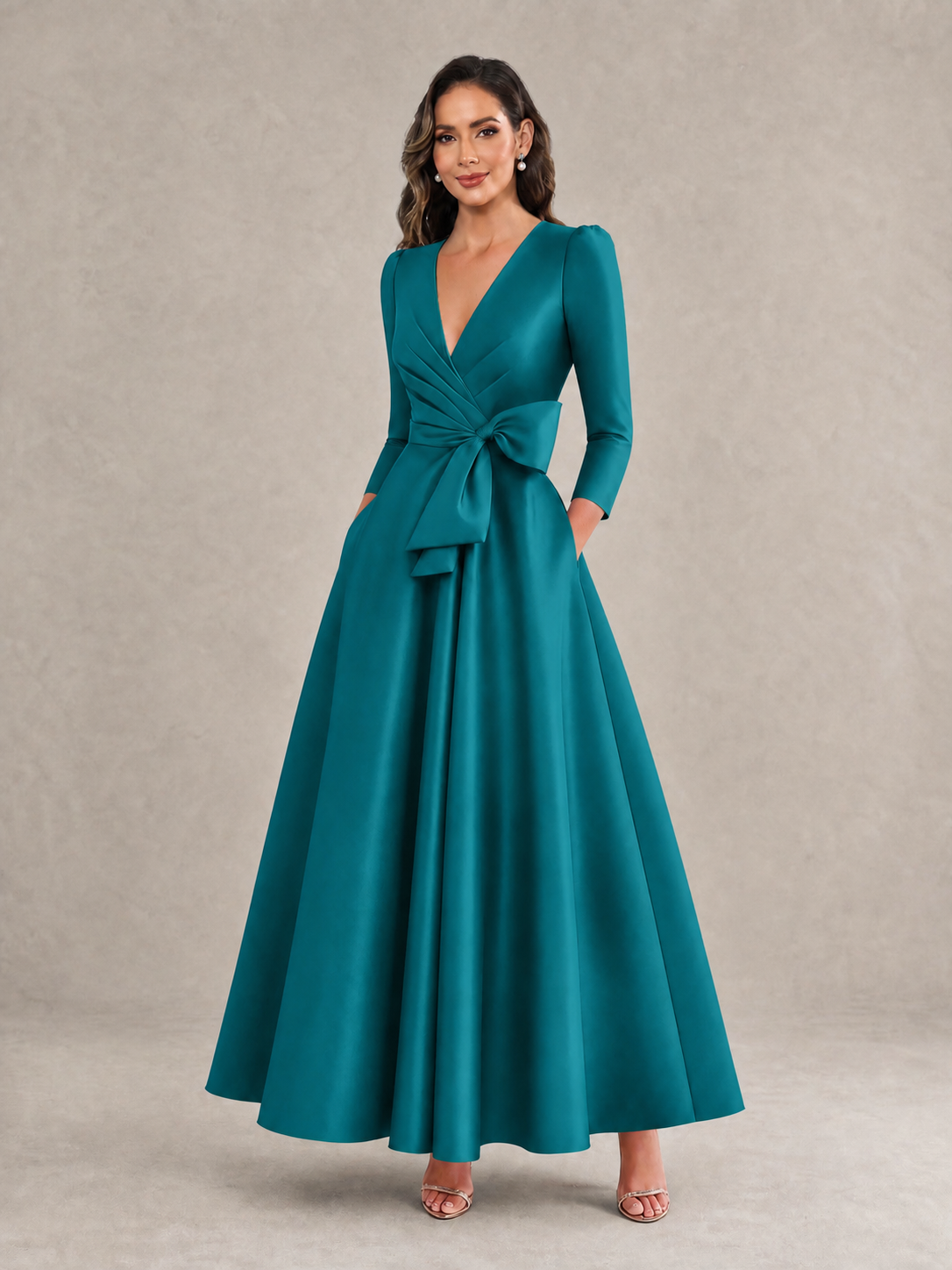 BOLODOO Peacock Satin Deep V-Neck Wrap 3/4 Puff Sleeve A-Line Ball Gown Maxi Dress with Oversized Bow Belt - Peacock